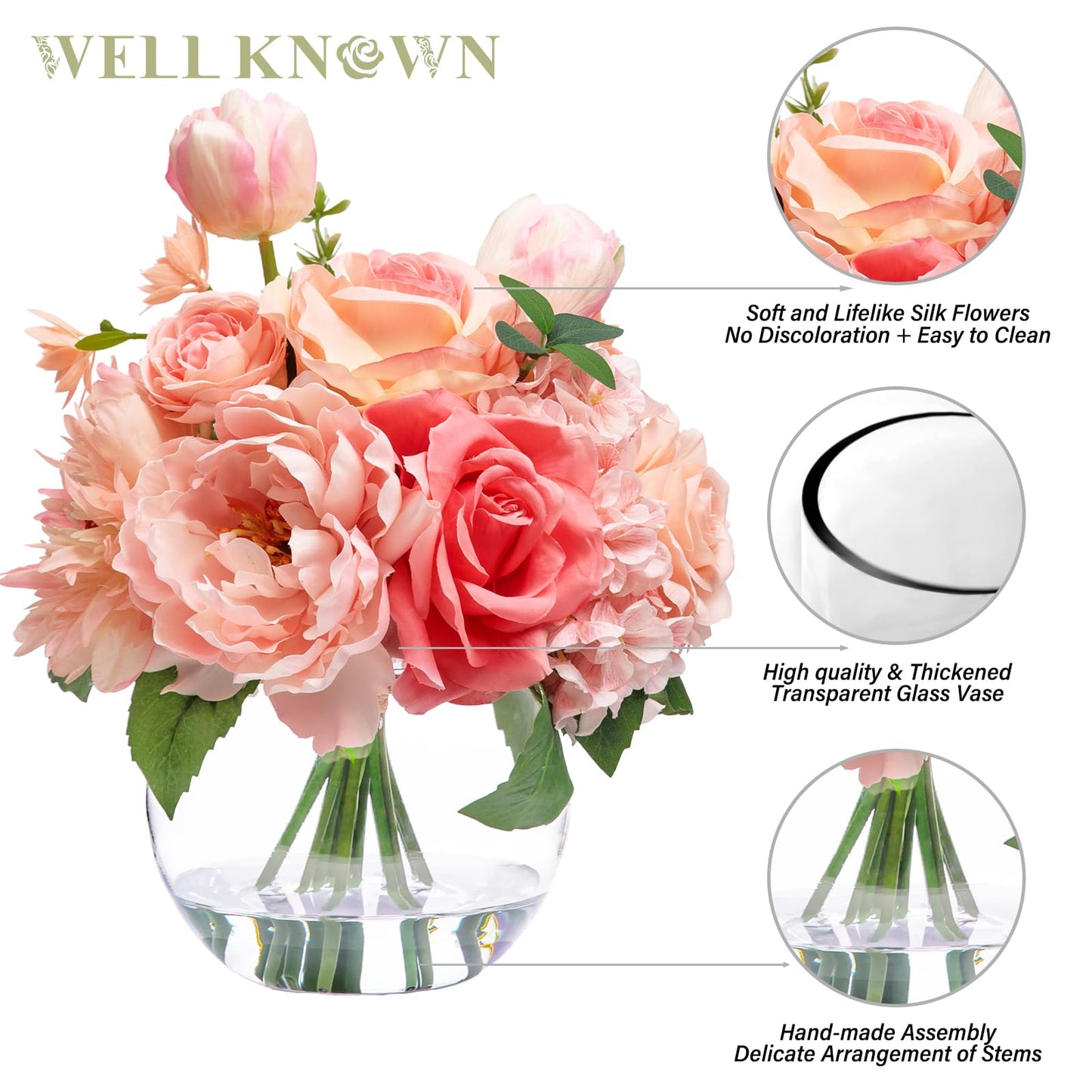 WELL KNOWN Artificial Flowers in Vase with Fake Water, Peach Pink Silk Peony Rose Tulip Spring Flower Bouquet for Home Birthday Party Wedding Dining Table Centerpieces Office Decor Mom's Gift