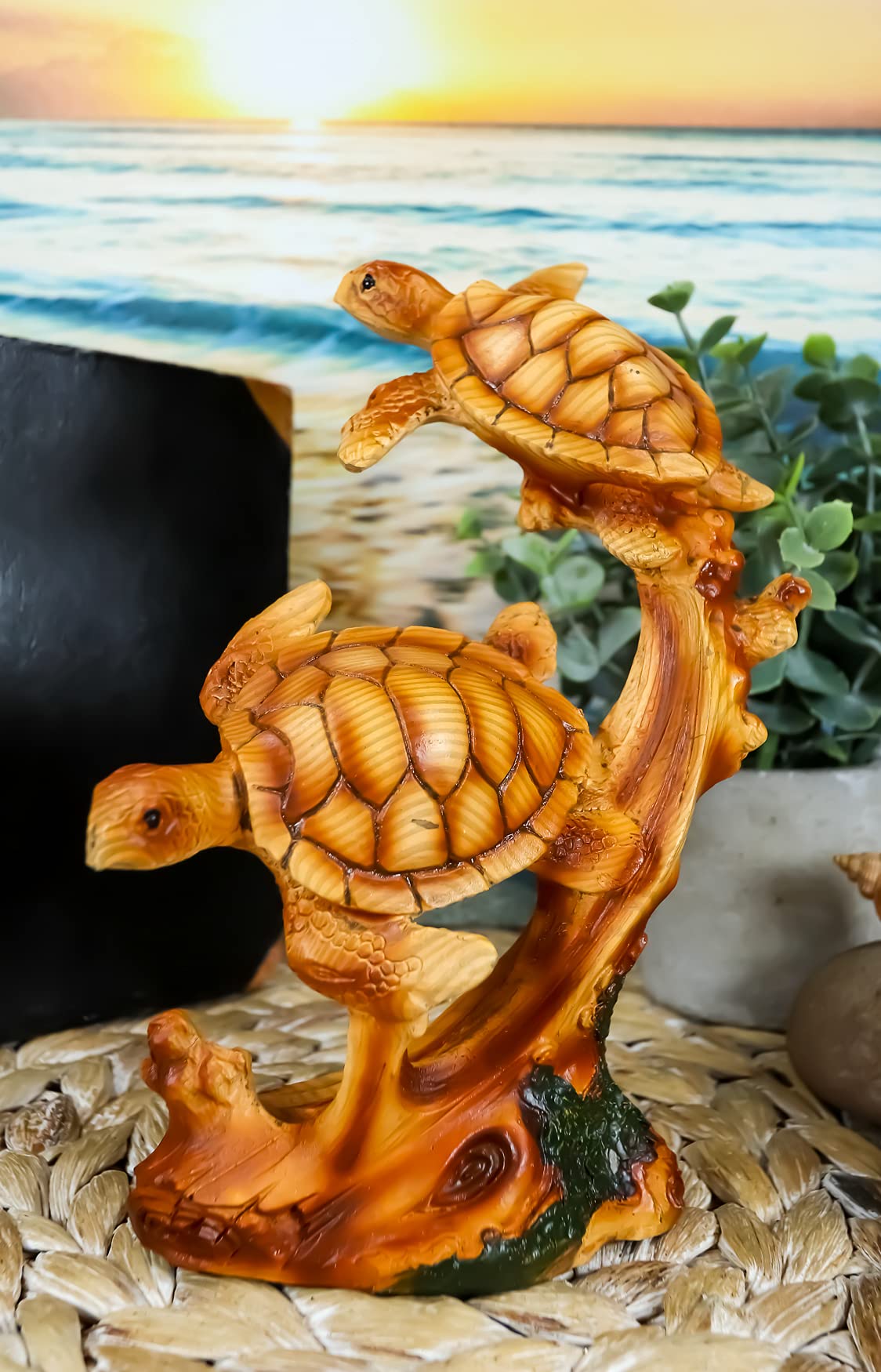 Ebros Exploring Sea Turtles Decor Statue 7.5" Tall in Faux Wood Resin Finish Marine Life Turtle Family Scene Figurine As Coastal Nautical Under The Sea Decor for Reptiles Aquatic Sculpture