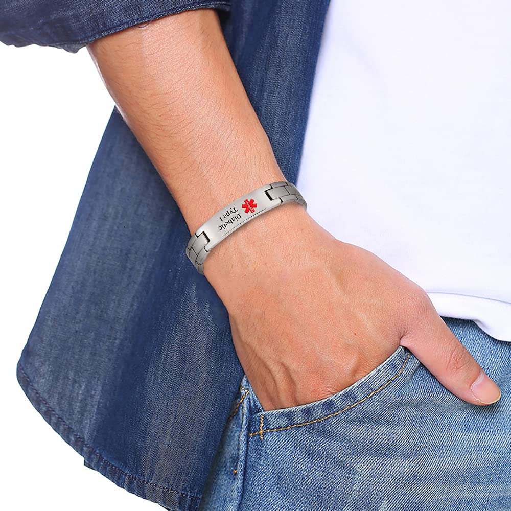 EnerMagiX Medical Id Bracelets for Men Women, Titanium Personalized Engrave Alert Id Bracelet for Type 2 Diabetes,Type 1 Diabetes, Apixaban (Type 1 Bracelets)