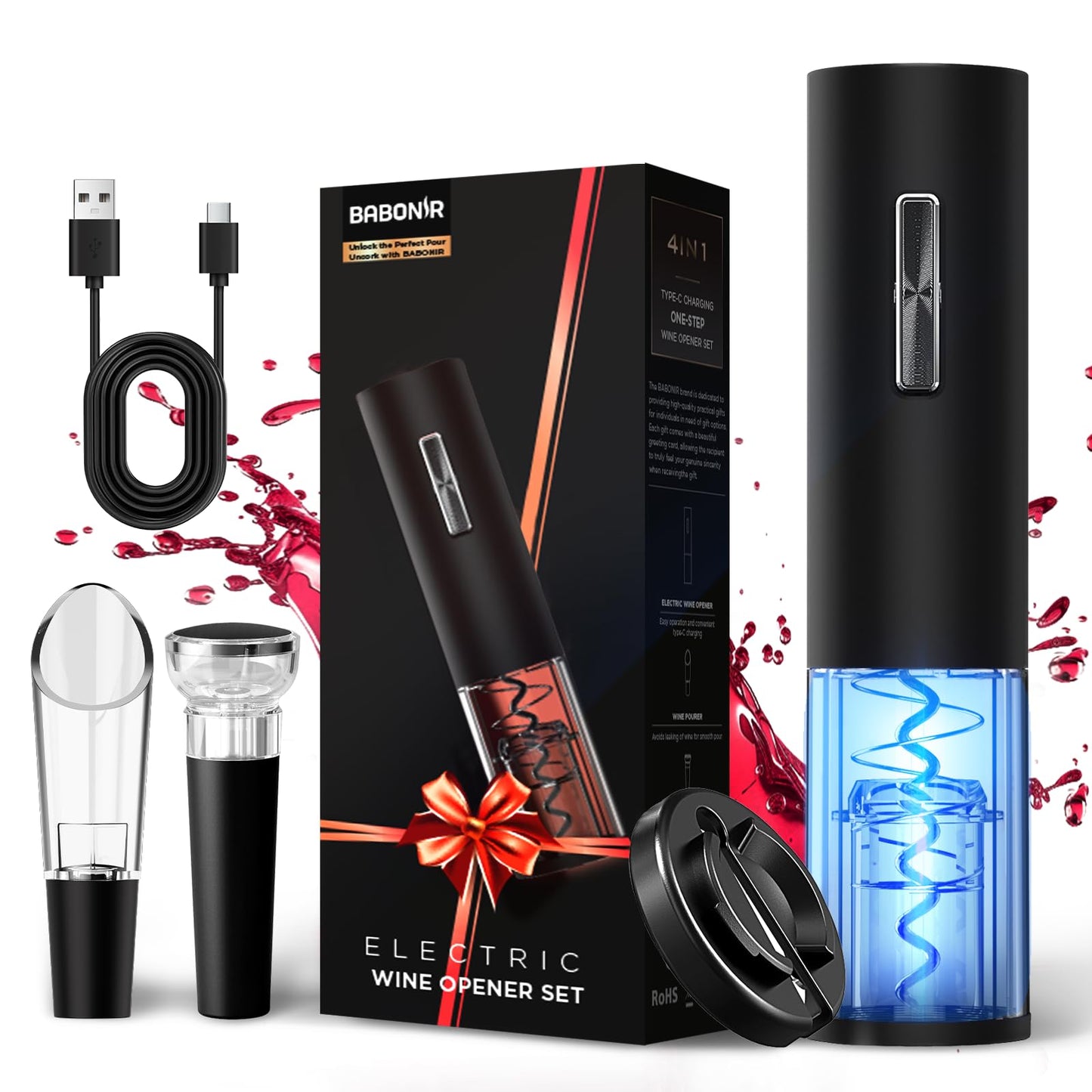 BABONIR Electric Bottle Wine Opener Set, Automatic Electronic Corkscrew with Blue Led Indicator, Vacuum Stopper, Pourer, and Foil Cutter, Perfect for Home, Party and Wedding, Rechargeable