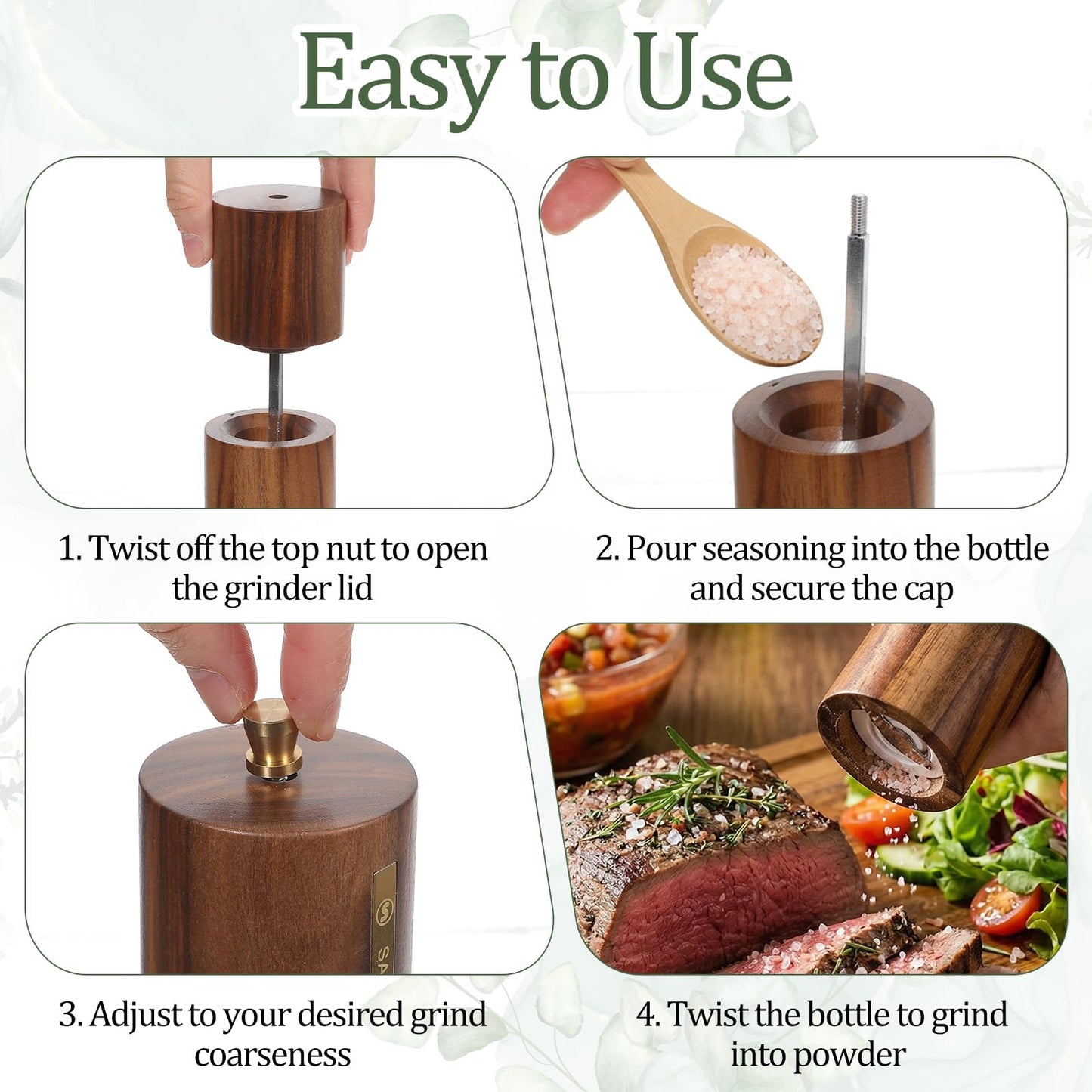 2 Pack Wooden Salt and Pepper Grinder Set,8.46 inch Adjustable Coarseness Manual Salt and Pepper Mill with Brush and Spoon,Acacia Wood Refillable Grinders for Kitchen Christmas Home Gift