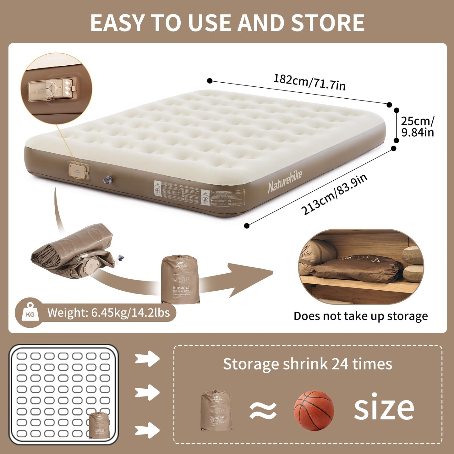 Naturehike California King Size Air Mattress with Built-in USB Rechargeable Pump, 992 lbs Max Support Inflatable Mattresses, Blow up Mattress Air Bed for Home, Camping, Guests, Travel