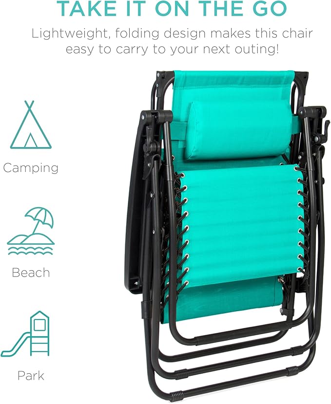 Best Choice Products Folding Zero Gravity Outdoor Recliner Patio Lounge Chair w/Adjustable Canopy Shade, Headrest, Side Accessory Tray, Textilene Mesh - Mint