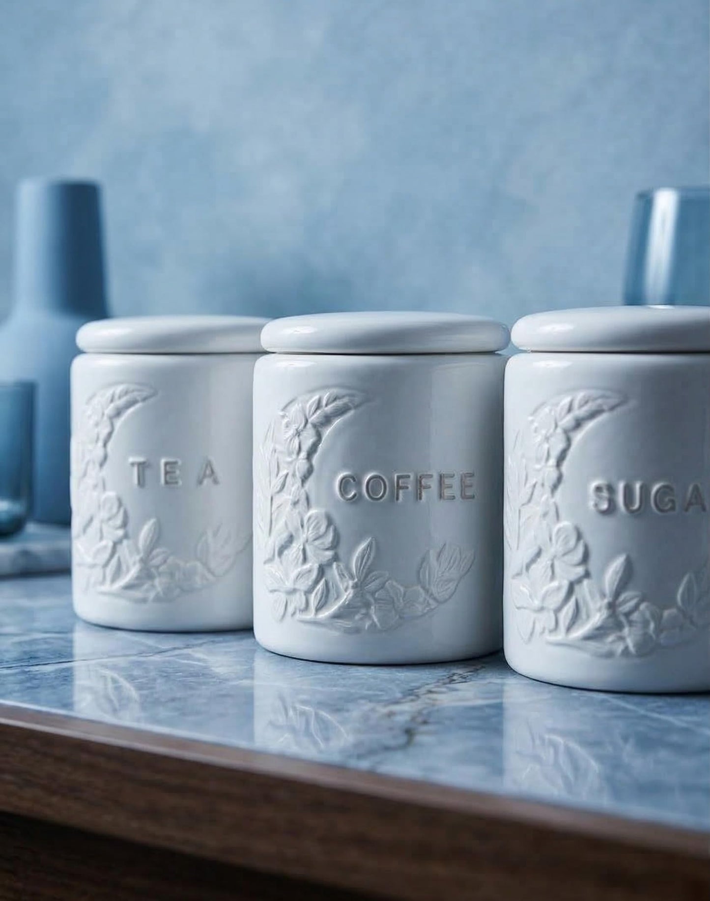 TAWCHES Wing Petal Ceramic Canisters Sets For The Kitchen Canisters For Countertop Set of 3 Airtight Coffee Canisters For Ground Coffee Sugar Container Tea Storage Jars With Lids