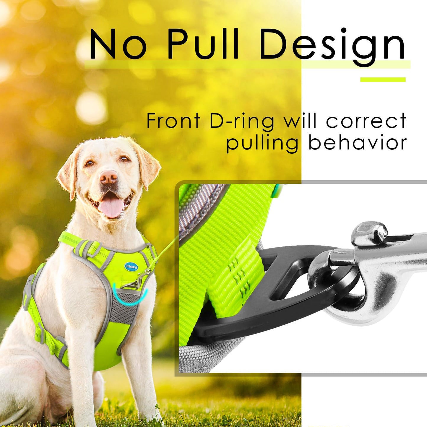 ThinkPet No Pull Harness Set Breathable Sport Harness with Handle - Reflective Padded Dog Safety Vest with Reflective Neon Dog Leash M Harness Leash Pack Green