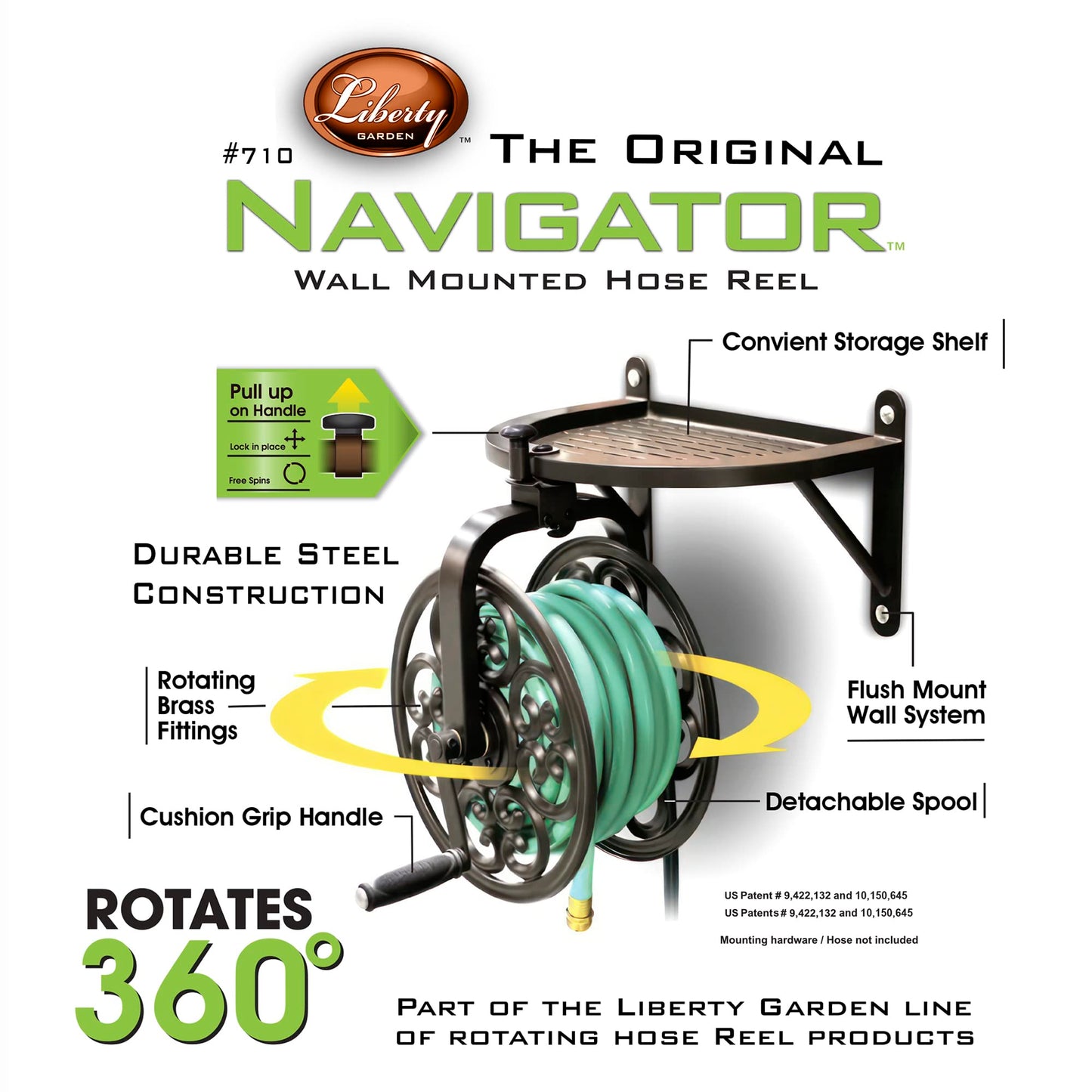 Liberty Garden 710 Navigator Rotating Garden Hose Reel, Holds 125-Feet of 5/8-Inch Hose - Bronze