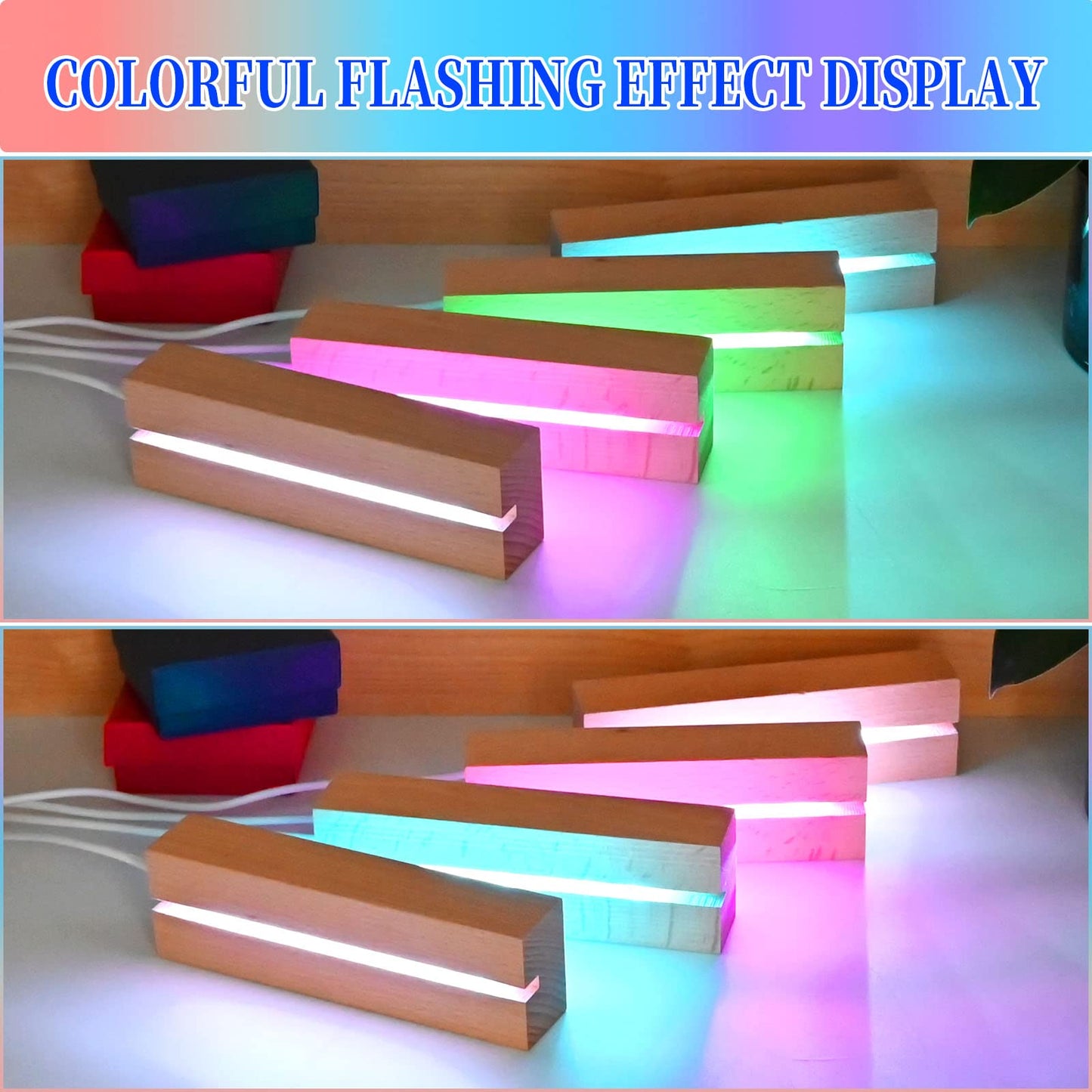 EATAKWARD 4 Pcs 5.9 Inch Wood Rectangle Light Display Pedestal, Wooden LED Display Base Dimmable Colorful Lights Lamp Stand for Acrylic, Crystal, Night Light, Glass Resin Art with USB Cable