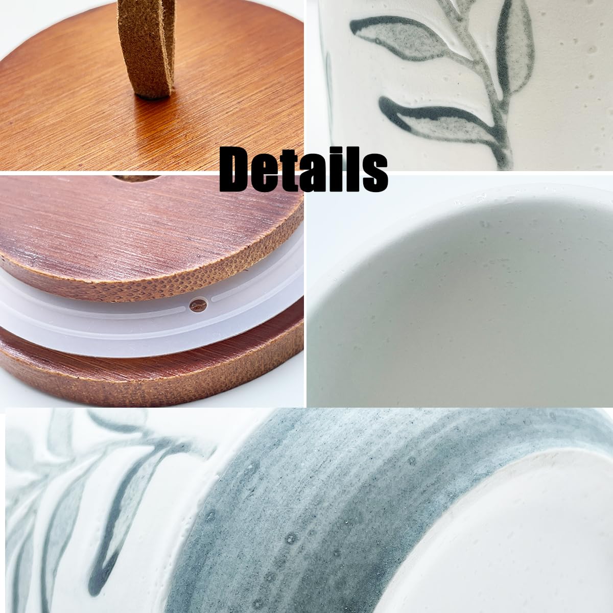EWEIGEER 10oz Ceramic Airtight Food Storage Container with Wooden Spoon for Sugar,Matcha,Salt,Coffee,Spices,Cat Treat,Loose Leaf Tea(Gray-Green Olive Leaves)