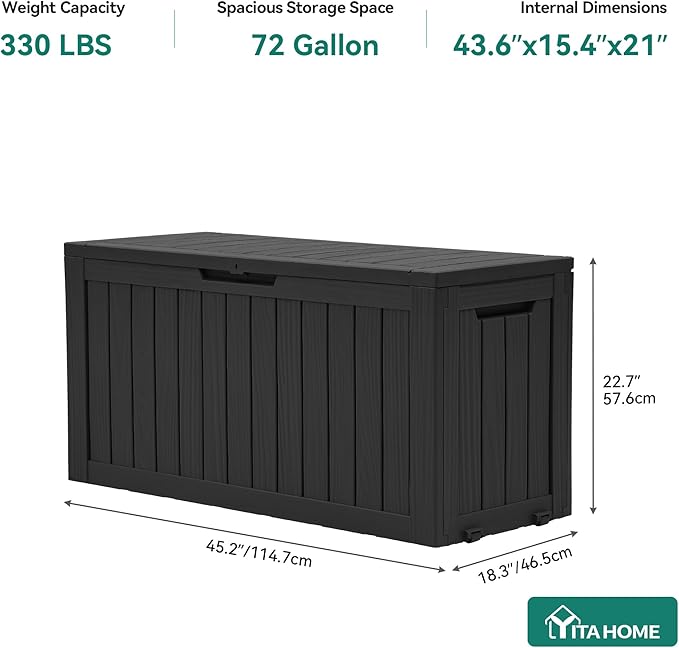 YITAHOME 72 Gallon Outdoor Resin Deck Box with Wheels, Pool Storage Box for Outdoor Cushions, Sports Equipment, Garden Tools, Black