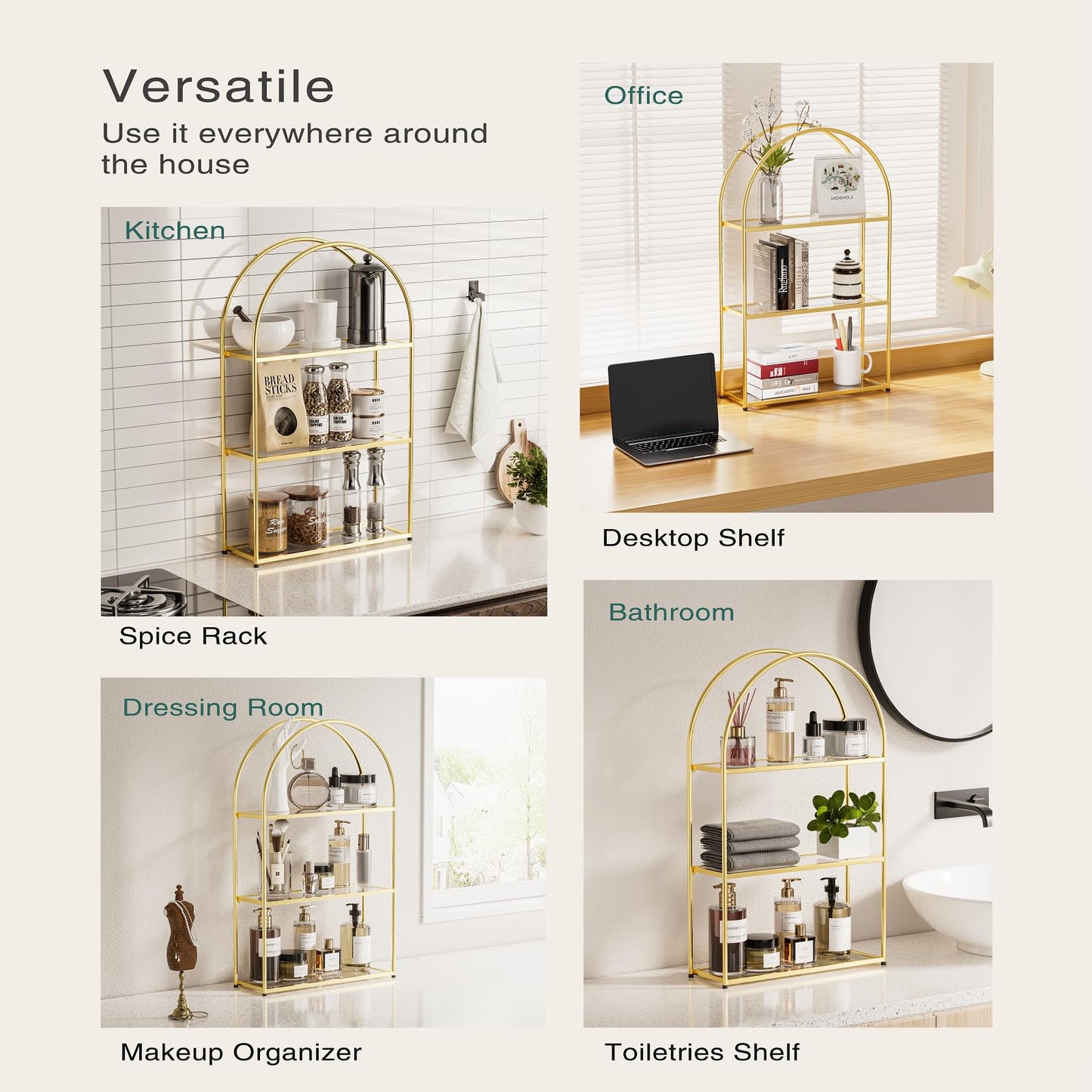Crofy 3-Tier Arched Wall Shelf with Gold Frame & Transparent Shelves