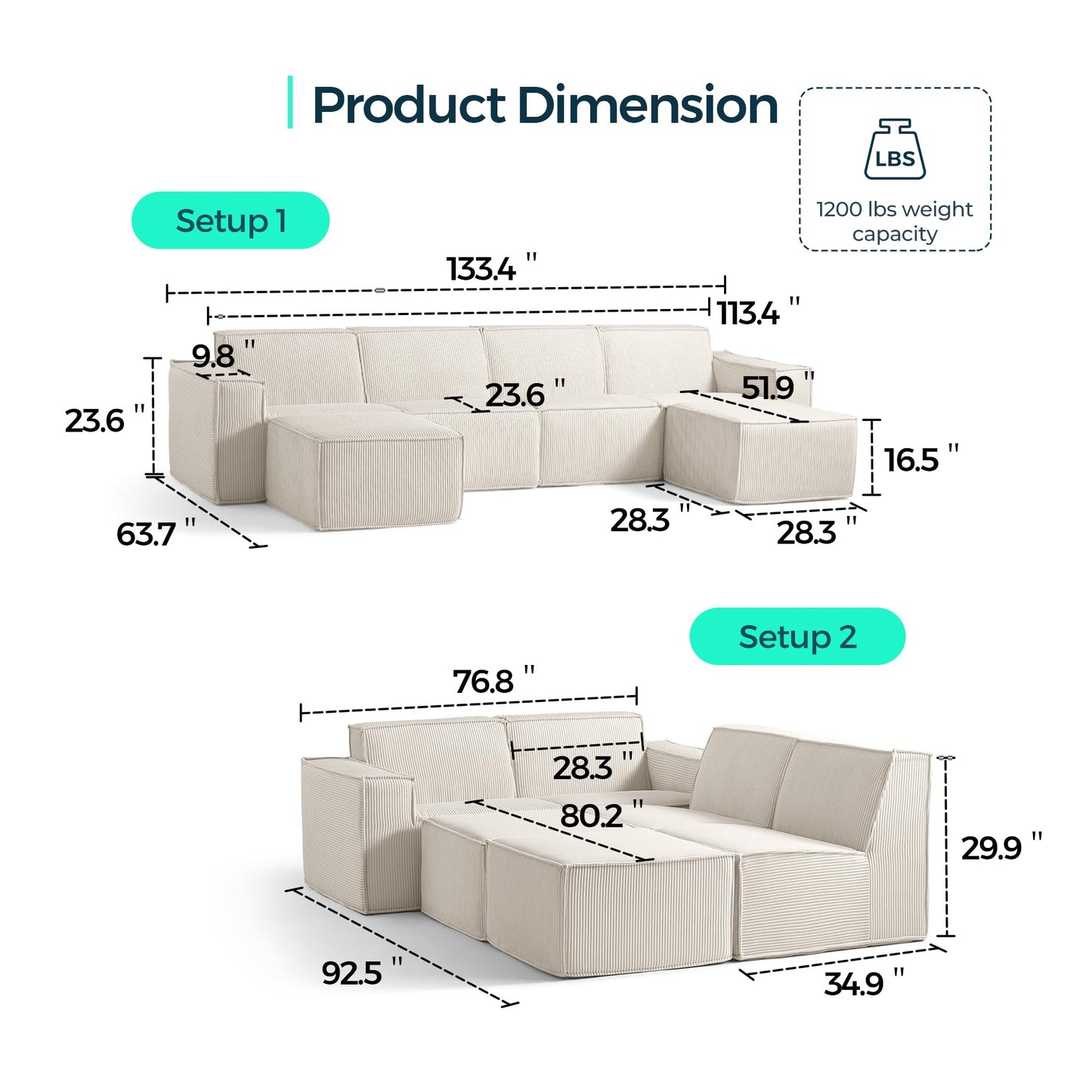 LINSY HOME Modular Sectional Sofa, 134" Boneless Couch U Shaped 4-Seat Sofa with 2 Movable Ottomans, Corduroy Sectional Cloud Couches for Living Room, No Assembly Required, Beige