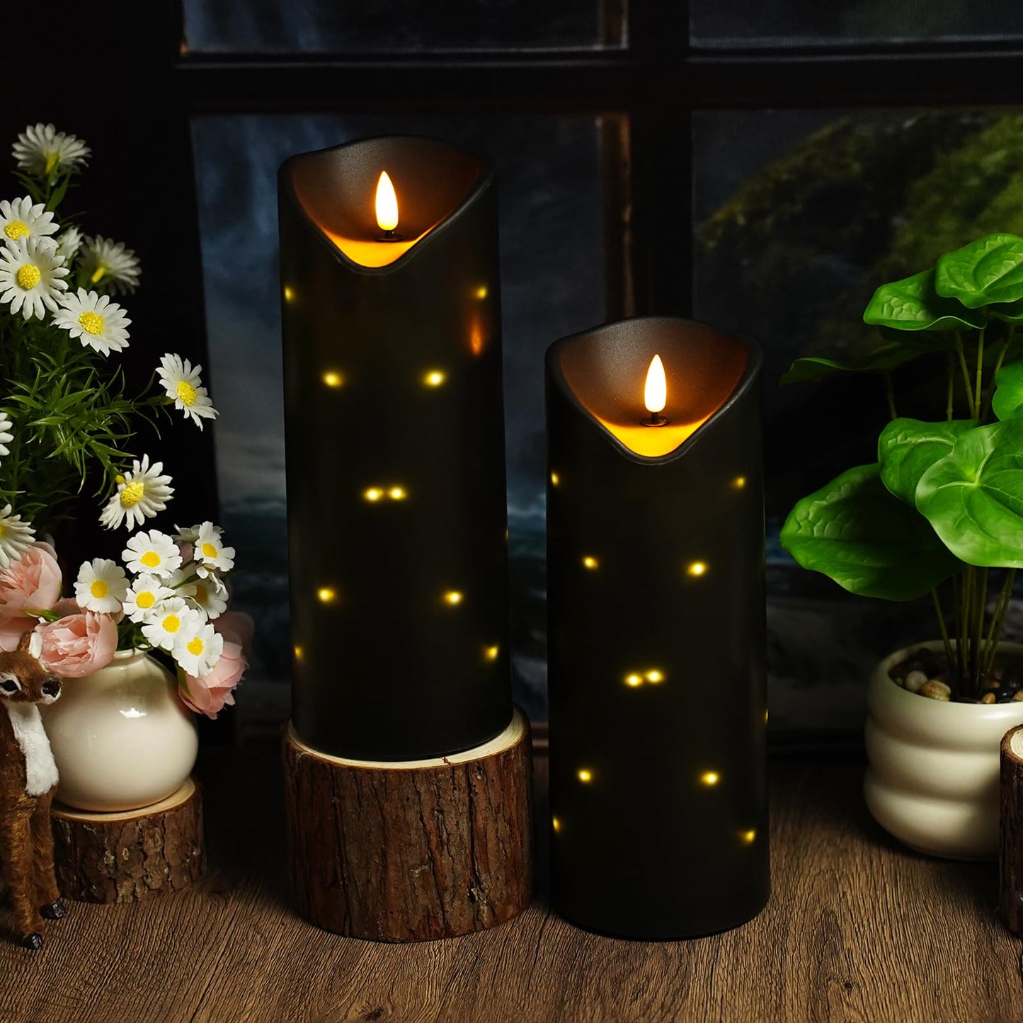 4" x10" Outdoor Flameless Candles Waterproof, Battery Operated LED Candles with Remote Control and Timer,Internal string lights,Black , Set of 2,Suitable for home decoration and holiday decoration