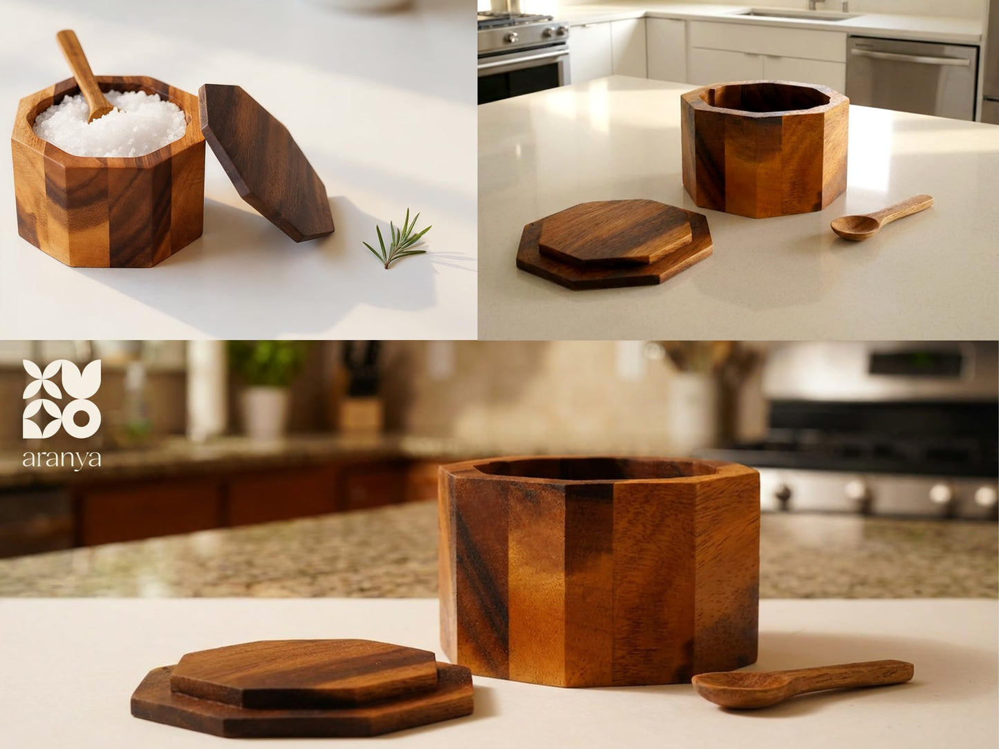 ARANYA Wooden Pepper and Salt Cellar with Lid and Spoon Set Keeper Two Compartments Spice Seasoning Wood 7oz. Container for Countertop Kitchen Storage Sea Salt Box Holder with Anti-Slip Feet Slip