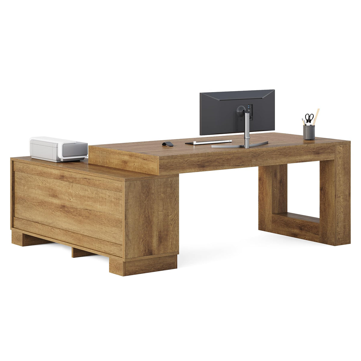 LITTLE TREE L Shaped Executive Desk, Large 63" Executive Desk with File Cabinet, Modern L Shaped Desk, Corner Computer Desk for Home Office & Business Furniture Workstation, Brown