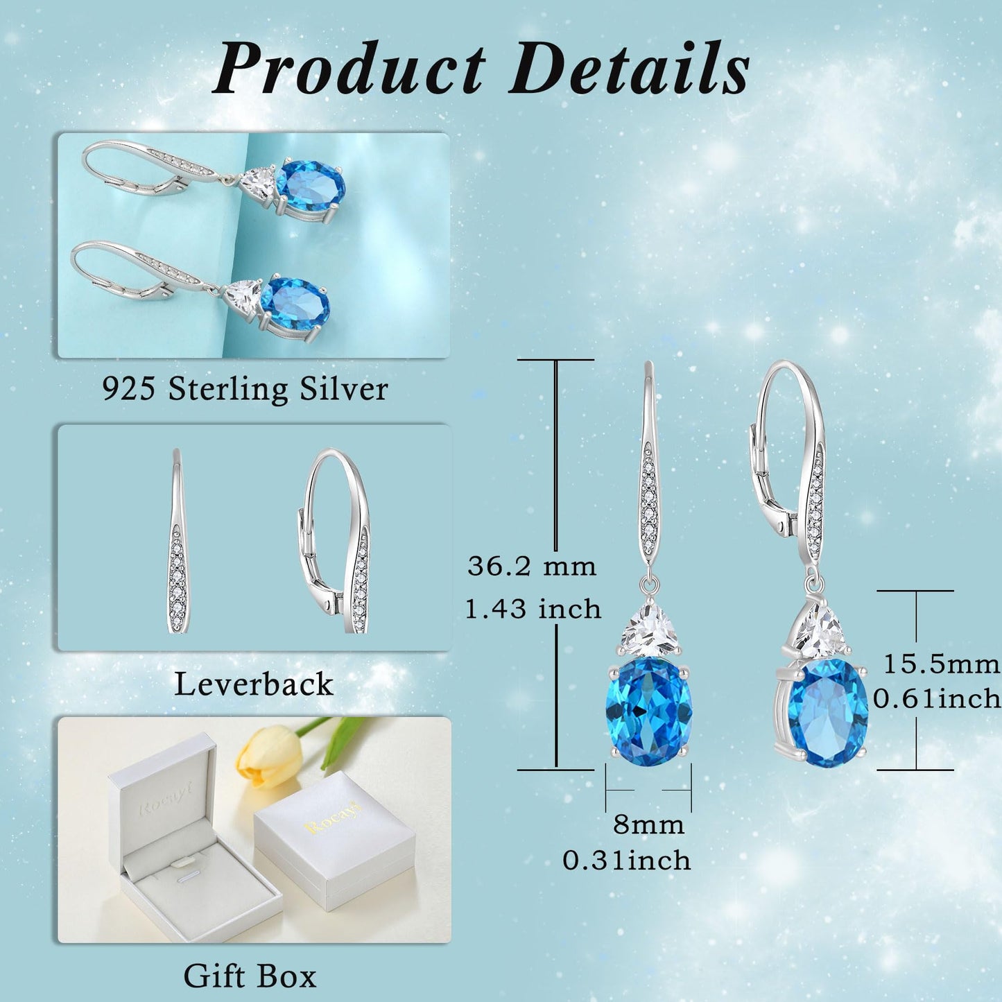 Rocayi Oval Aquamarine Earrings for Women 925 Sterling Silver Dangle Drop Leverback Earrings March Birthstone Jewelry for Her