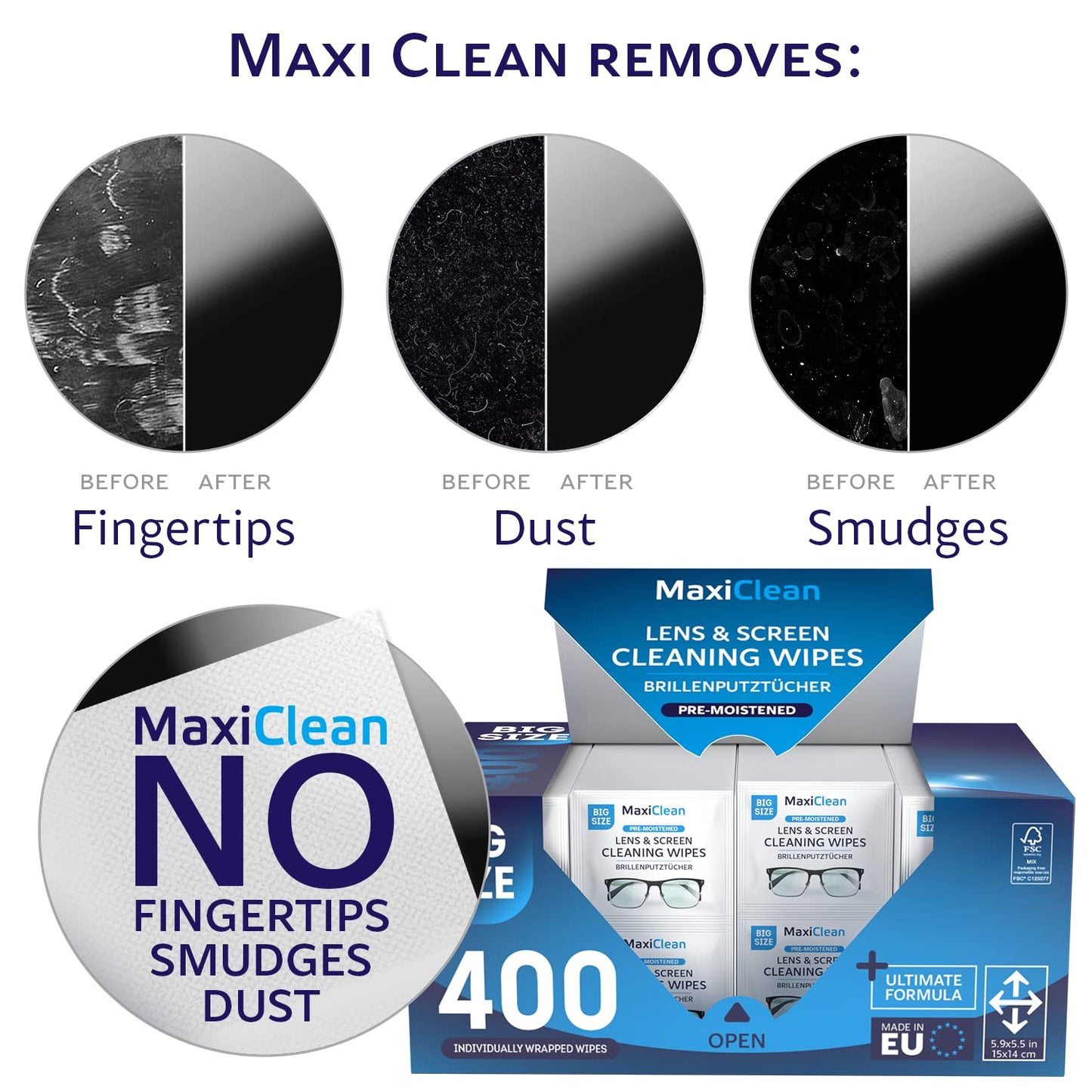 Glasses Wipes Lens Cleaner - Lens Wipes for Eyeglasses - 400 Pre-moistened Individually Wrapped Wipes for Eye Glasses, Electronics, Phone, Computer, Laptop Screen - Camera Lens Cleaner - Made in EU
