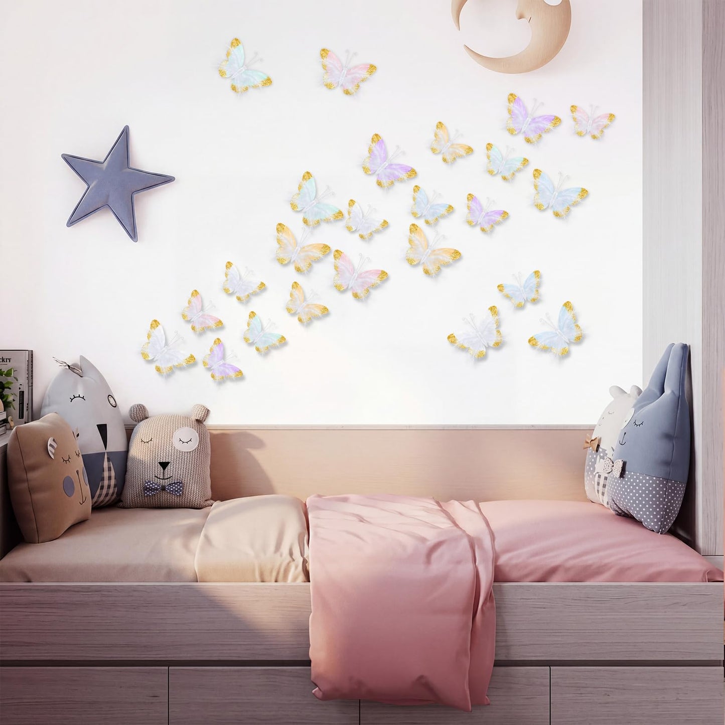 Ferrochef 24 Pcs Pastel Feather 3D Butterfly Wall Stickers Glitter Butterfly Wall Art Mural Stickers Removable Decals Decor for Wedding Party Birtyday Flower Bouquet Nursery Bedroom Cake Home Decor