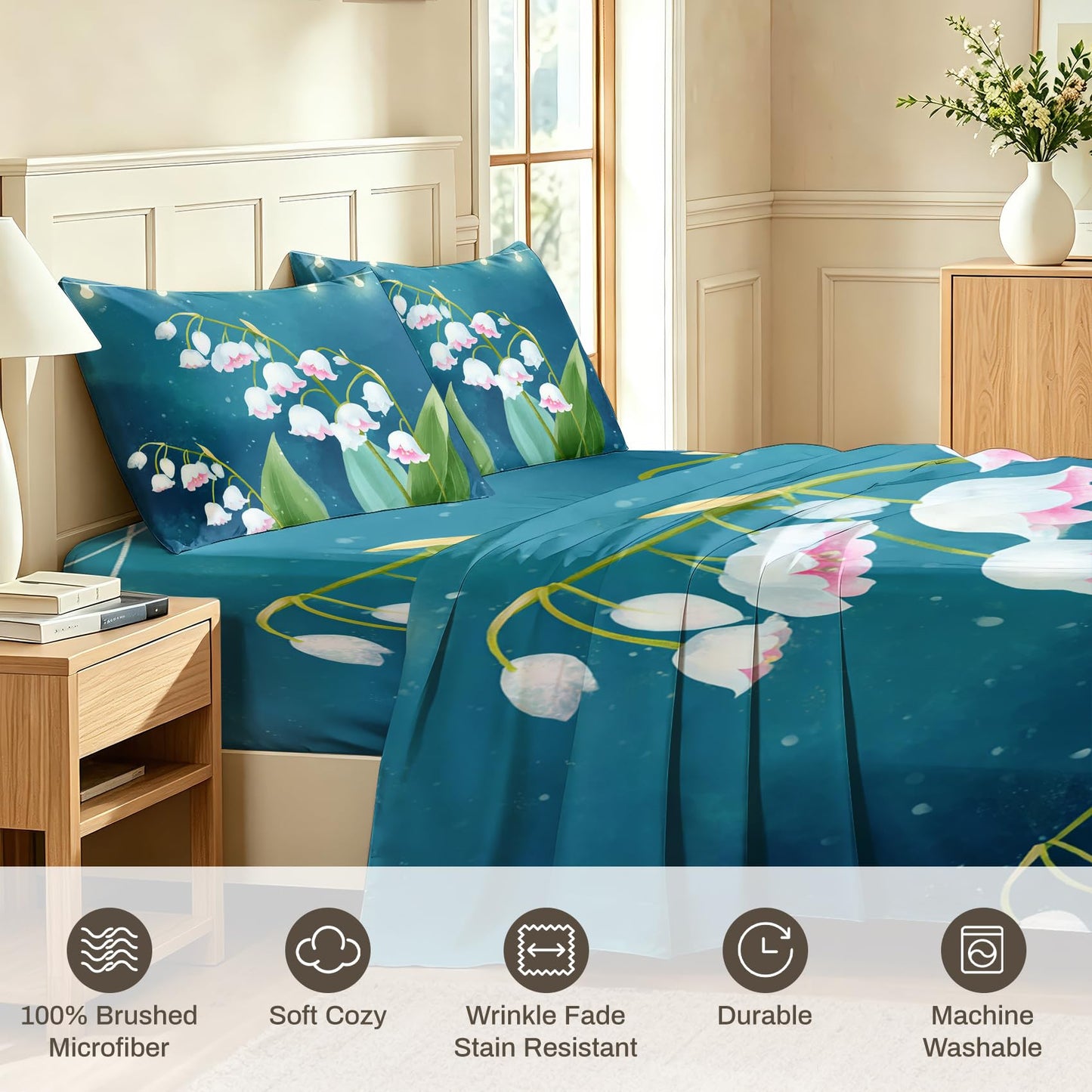 Lily of The Valley King Sheet Set Flower Flat Fitted Sheet Sets