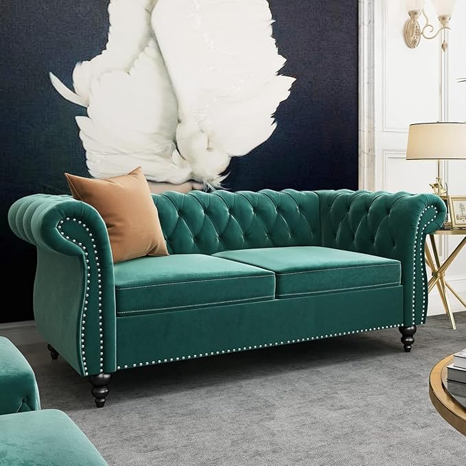 Mid-Century 2 Seater Sofa, Velvet Loveseat