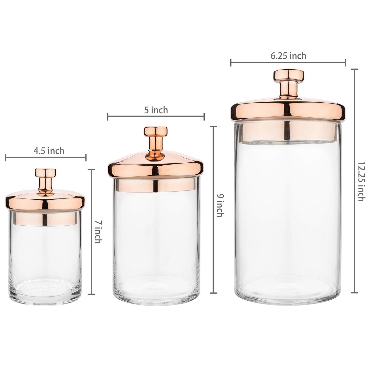 MyGift Glass Apothecary Cookie Jar Set with Copper Lid - Decorative Kitchen and Bath Storage Canisters, Wedding Centerpiece Jars, Candy Buffet with Lids