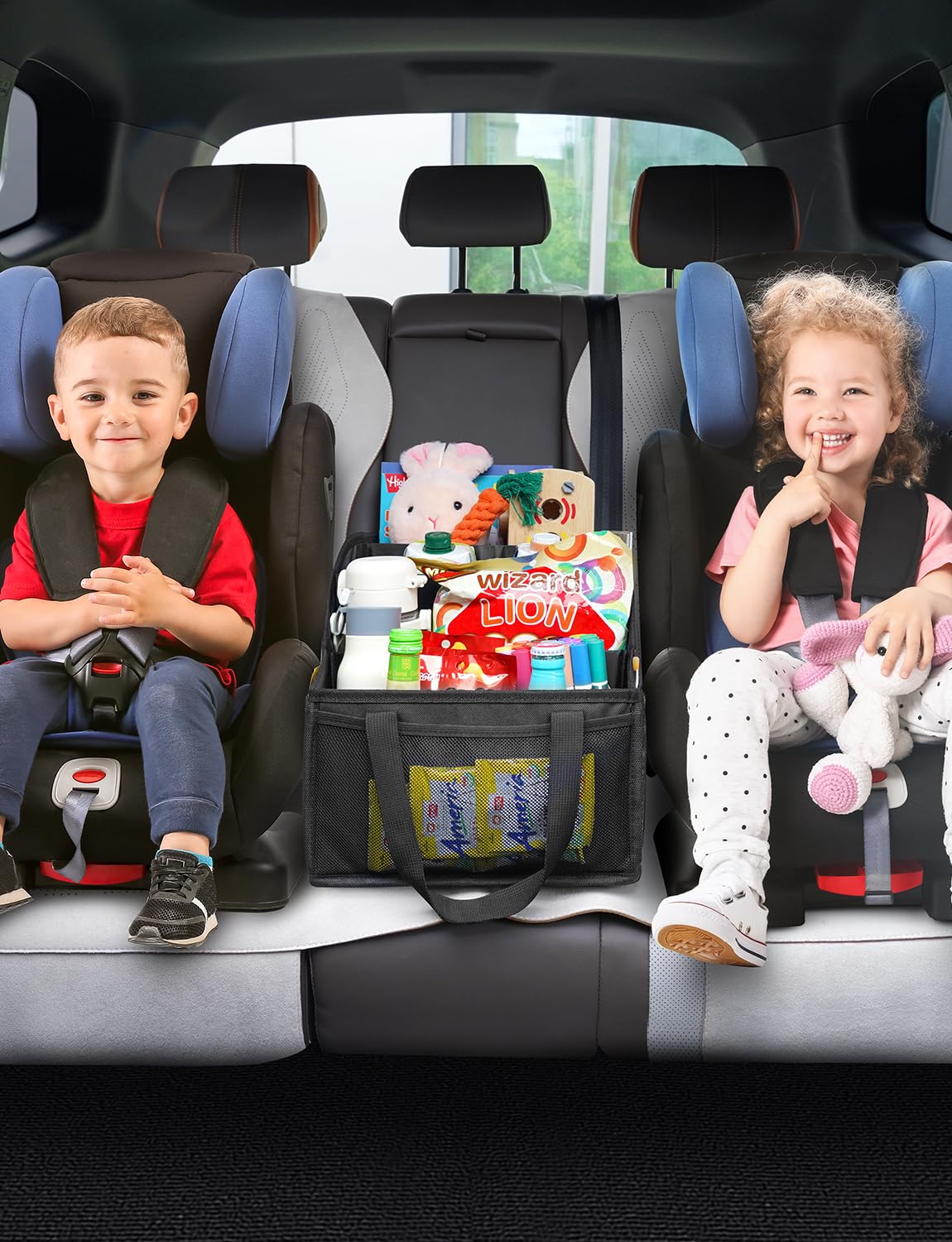 YOHOOLYO Car Seat Organiser Car Organiser Back Seat for kids with 4 Compartments, 4 Cup Holders and 7 Mash Pockets, Collapsible Car Boot Organiser Storage for Front and Back Seats