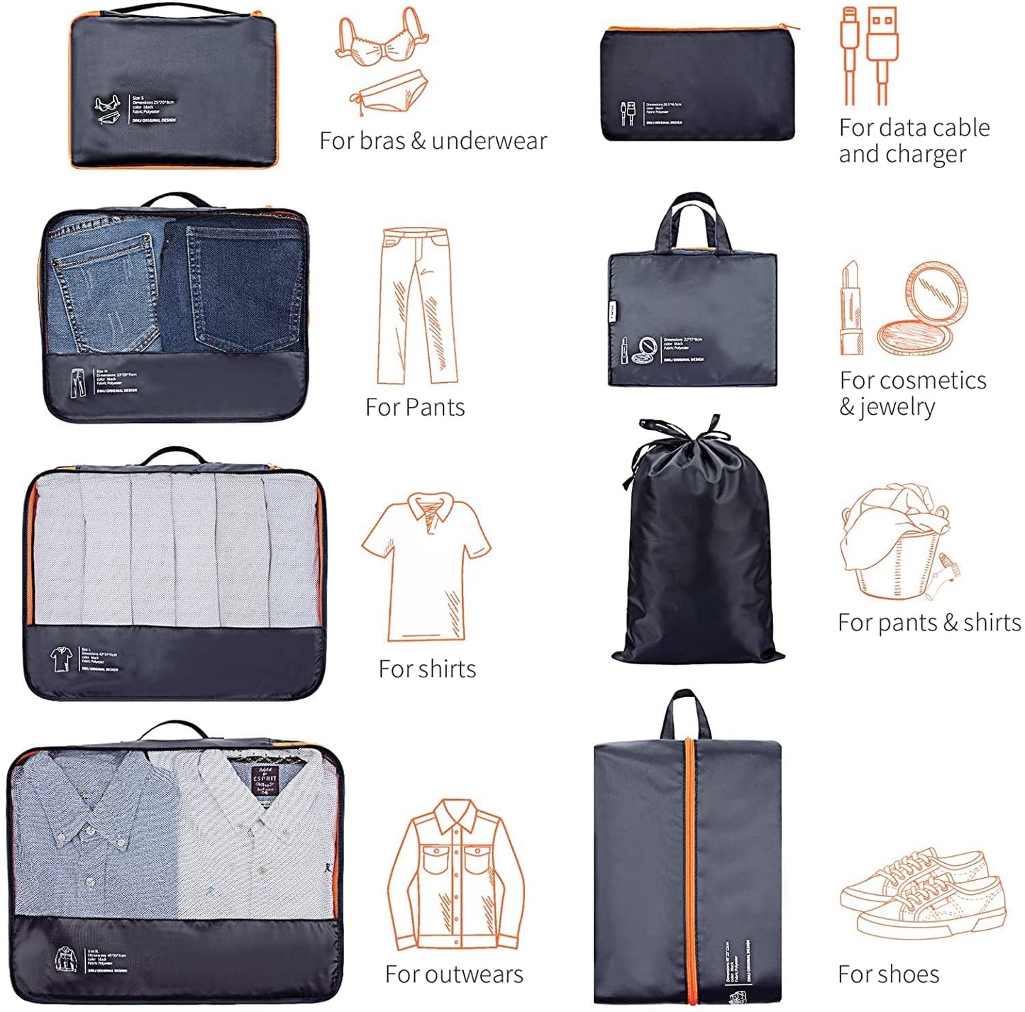 DIMJ Packing Cubes 8 Sets Travel Luggage Organizers for Suitcases Packing Organiser with Label Shoe Storage Bags Laundry Bag, Black
