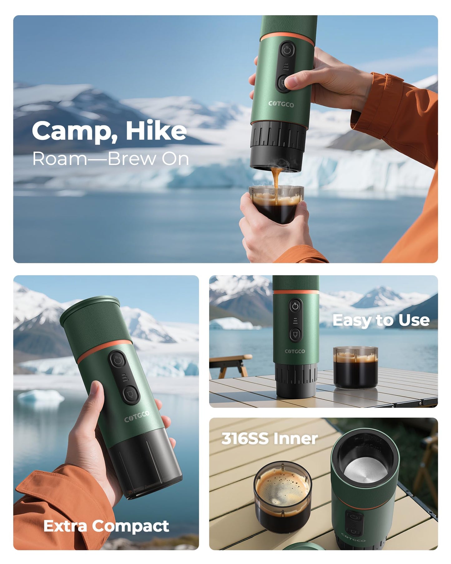 COTGCO Portable Espresso Coffee Maker, Travel Coffee Maker for Camping, 20 Bar Self‑Heating Rechargeable with USB-C, with NS Capsule for Car/Travel/Camping