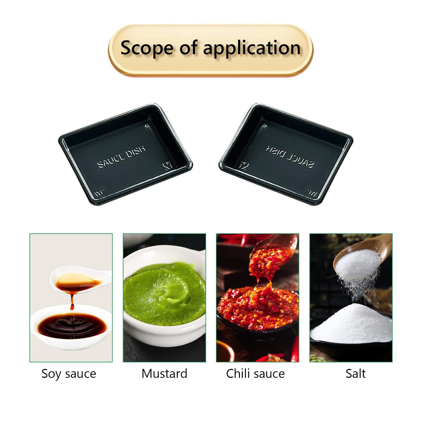 Xanadued 100 Pcs Plastic Disposable Sauce Dishes, Dipping Soy Sauce Seasoning Plate Bowls, Mini Condiment Appetizer Tray for Sushi Soy Mustard Vinegar Ketchup BBQ,Black Rectangle