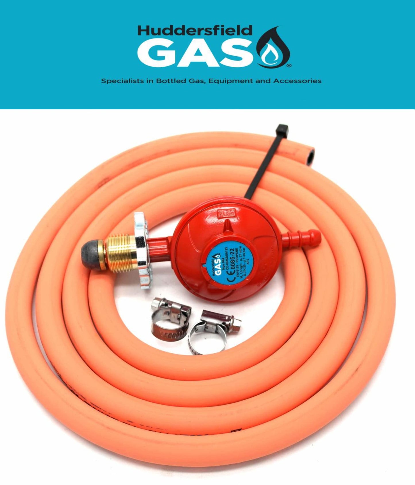 Huddersfield Gas Branded Hand Wheel Propane Regulator 2m Hose Kit Fits Red Calor Gas & Flogas Cylinder