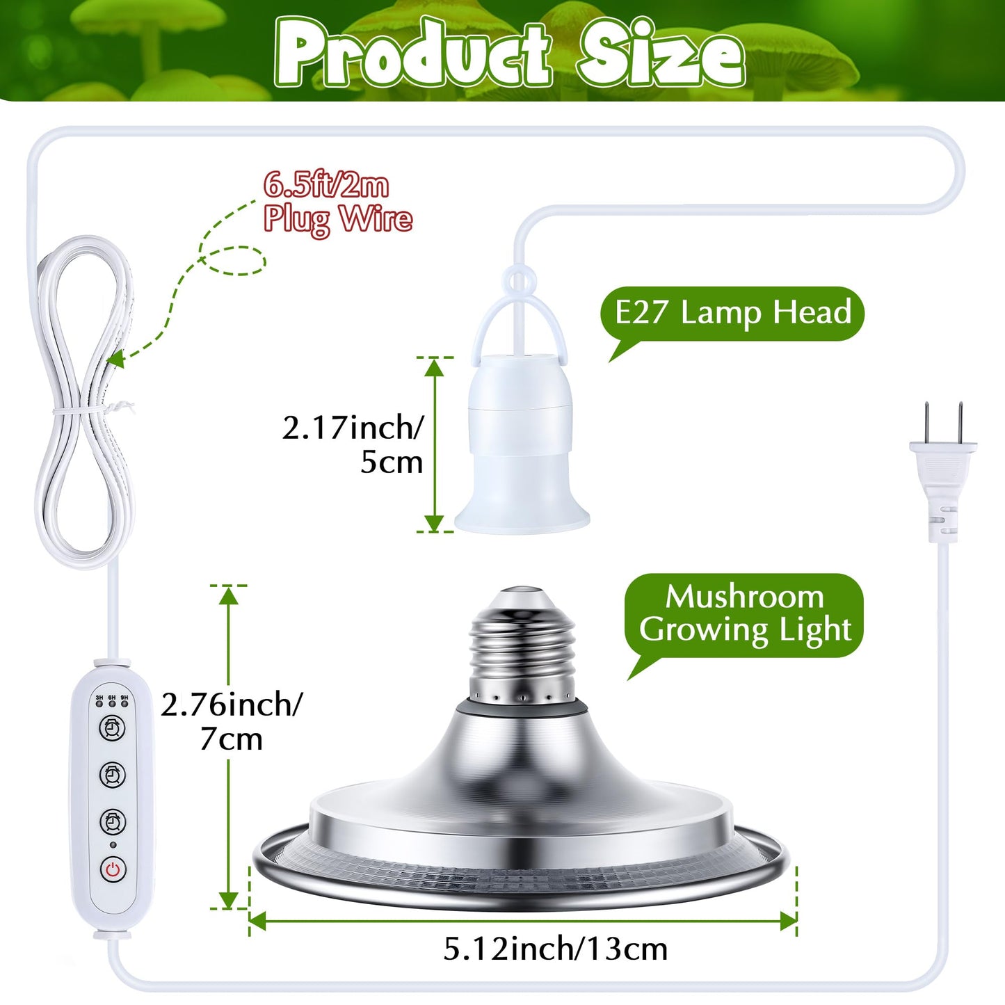 Meonum Mushroom Grow Light with 3/6/9 Hour Timer, 360° LED Hanging Grow Lights Bulb for Mushroom with 6.5ft Extension Cord, 6000K Blue&5000K White Lamp for Indoor Plants Growing Kit Supplies(2 Pack)