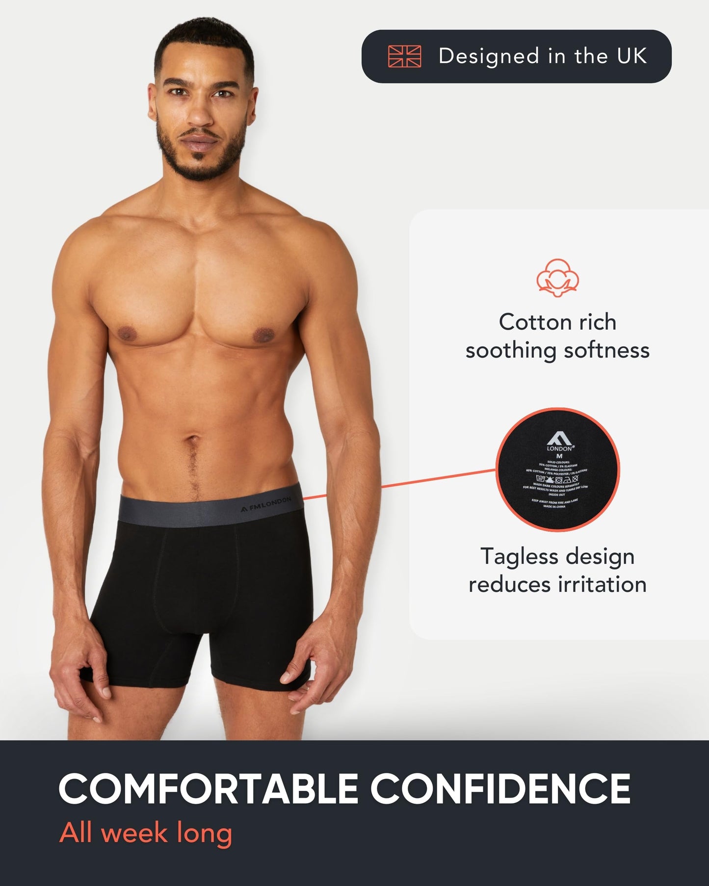 FM London 7-pack Mens Boxers, Tag Free - Cotton Rich, Breathable, Soft and Stretchy Mens Underwear Black
