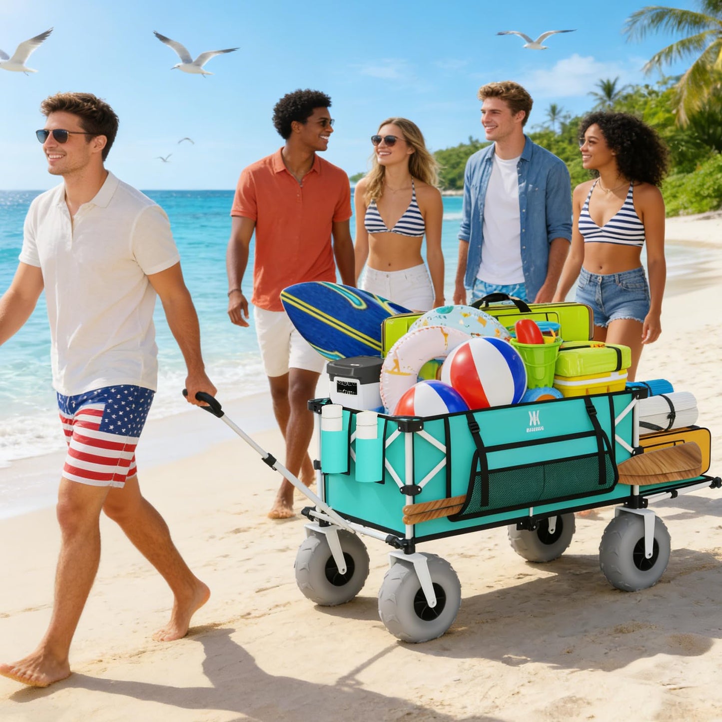 Navatiee 260L Beach Wagon with Extended Tailgate, 440lbs Heavy Duty Beach Cart with 9” Big Balloon Wheels for Sand, Collapsible Folding Wagon with Side Pocket for Outdoor, Light Blue
