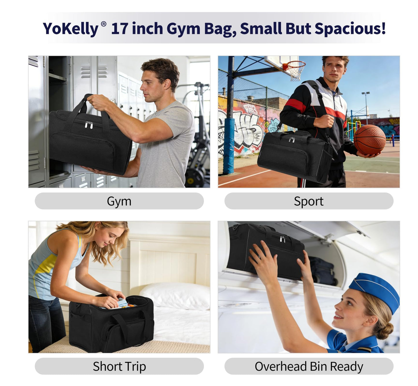 YoKelly 25L Small Gym Sport Duffle Bag - 17 Inch Weekender Overnight Bag for Travel, Workout, Fitness - Black