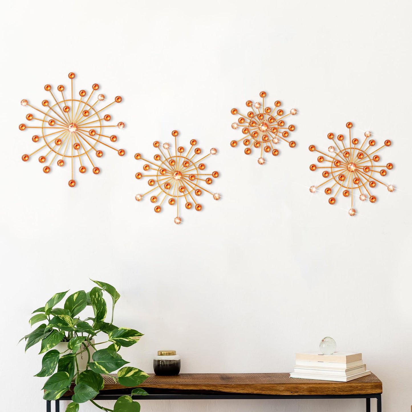 Blulu 4 Pcs Metal Wall Decor Bling Crystal Wall Art Cast Iron Rhinestones Sunburst Decor Starburst Art Hanging Diamond Accents Decorative for Living Room Bedroom Entryway (Orange)