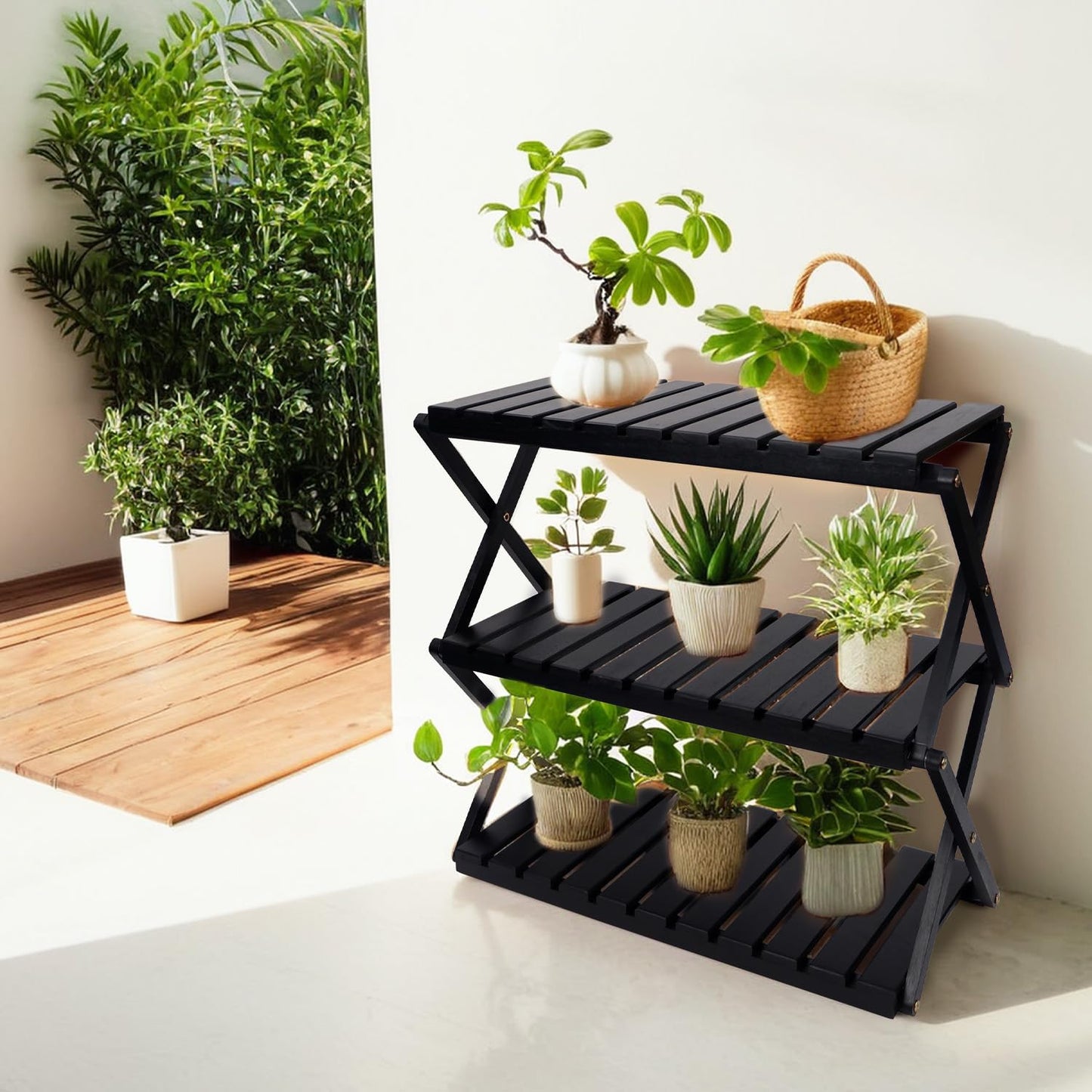 BEEFURNI Acacia Plant Stand Indoor, Wooden Outdoor Plant Stand, Foldable Plant Stand, 3 Tier Conner Space Flower Stand, Plant Ladder Stand (Black)