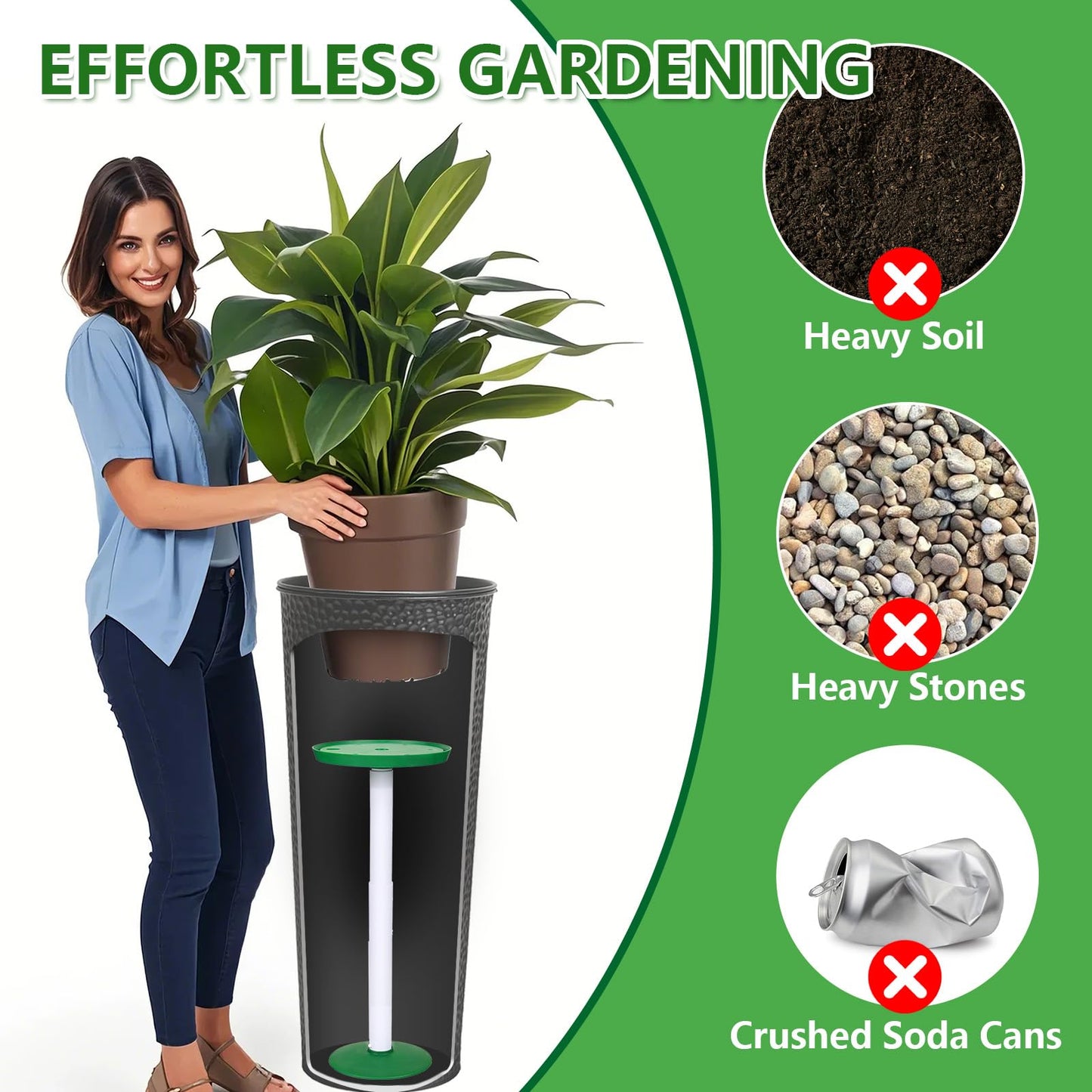 YLSAZL 2 Pack Adjustable Height Plant Risers for Inside Pots,11-17" Rise Plant Risers for, Indoor & Outdoor Insert with, Tall Square Round Taper Planter with 6''8" 10" Base & Top( Green - Short)