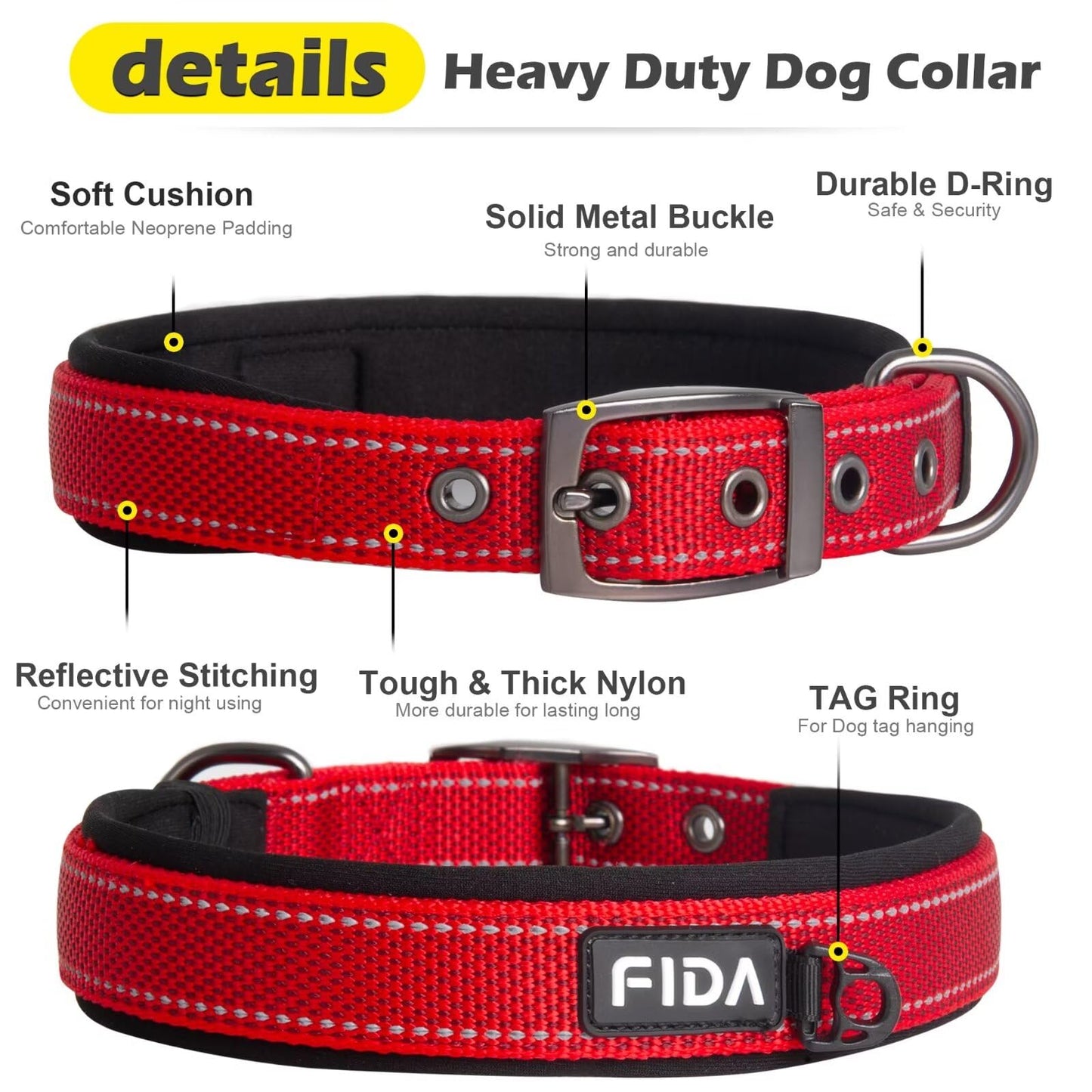 Fida Padded Dog Collar, Metal Belt Buckle Dog Collar with Double-Layer Webbing, Heavy Duty Collar for Medium Dogs, Red