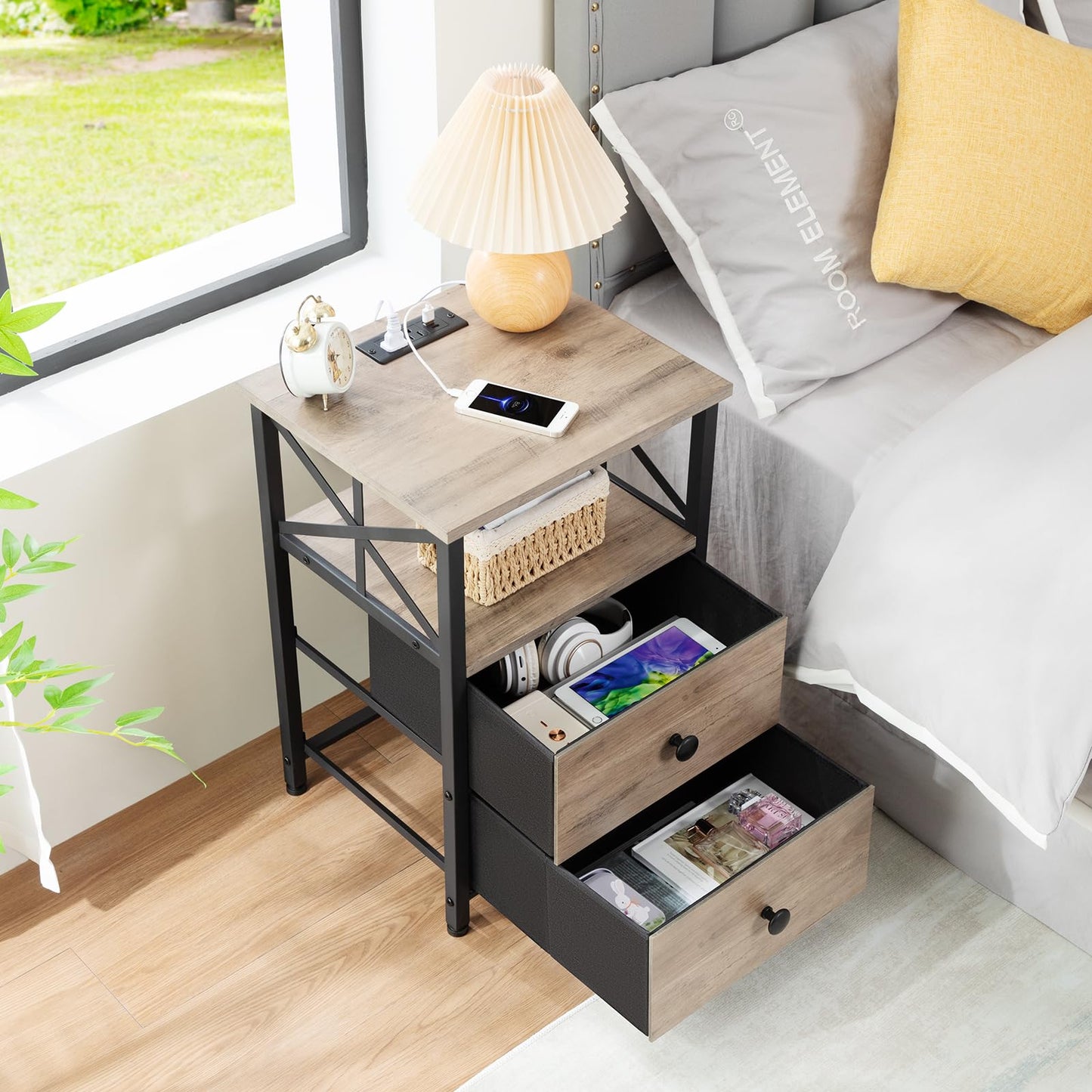 AMHANCIBLE Night Stand, Nightstand with Charging Station, End Tables Living Room with Fabric Drawer, Bedside Table with USB Ports and Outlets for Small Spaces Bedroom, Greige HET05XGY1