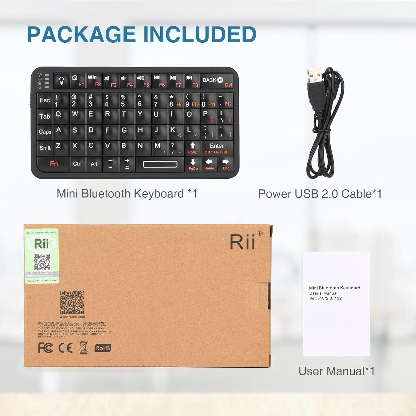 Rii Mini Bluetooth Keyboard,Portable Wireless Rechargeable Keyboard with Backlit,for Smart TV/Android TV Box/Smartphone/HTPC/IPTV/VR Glasses Black(Upgrade-TypeC)