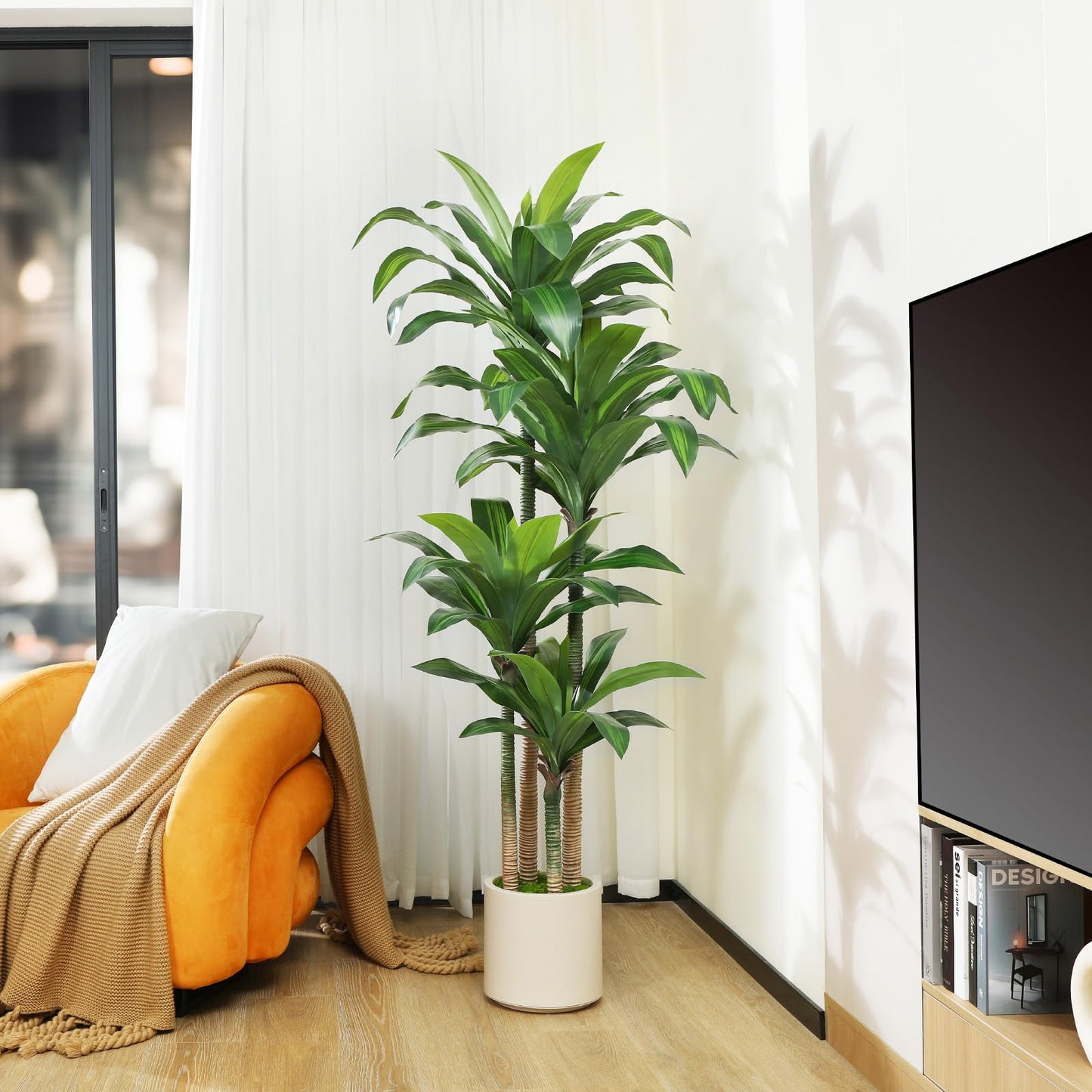 OAKRED Artificial Dracaena Tree 6ft, Tall Fake Dracaena Plants with White Planter, Faux Dragon Tree Indoor Floor Plant for Home Decor Office Living Room Porch Housewarming, 1Pcs