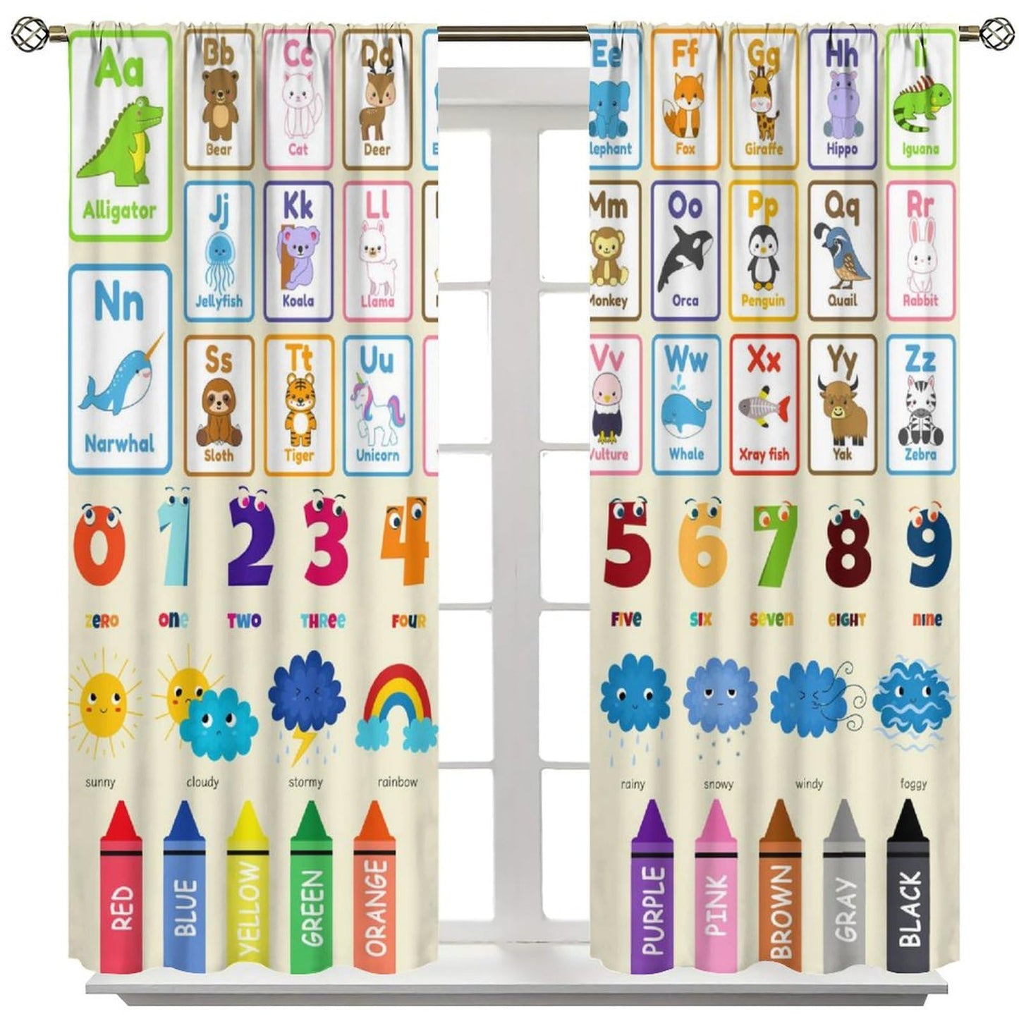 AAVEUP Alphabet Education Curtains, Cartoon Animal Alphanumeric ABC Color Learning Pencils Windows Treatments Drapes for Kids Baby Nursery Children Toddler Bedroom 42x45in(No Blackout)