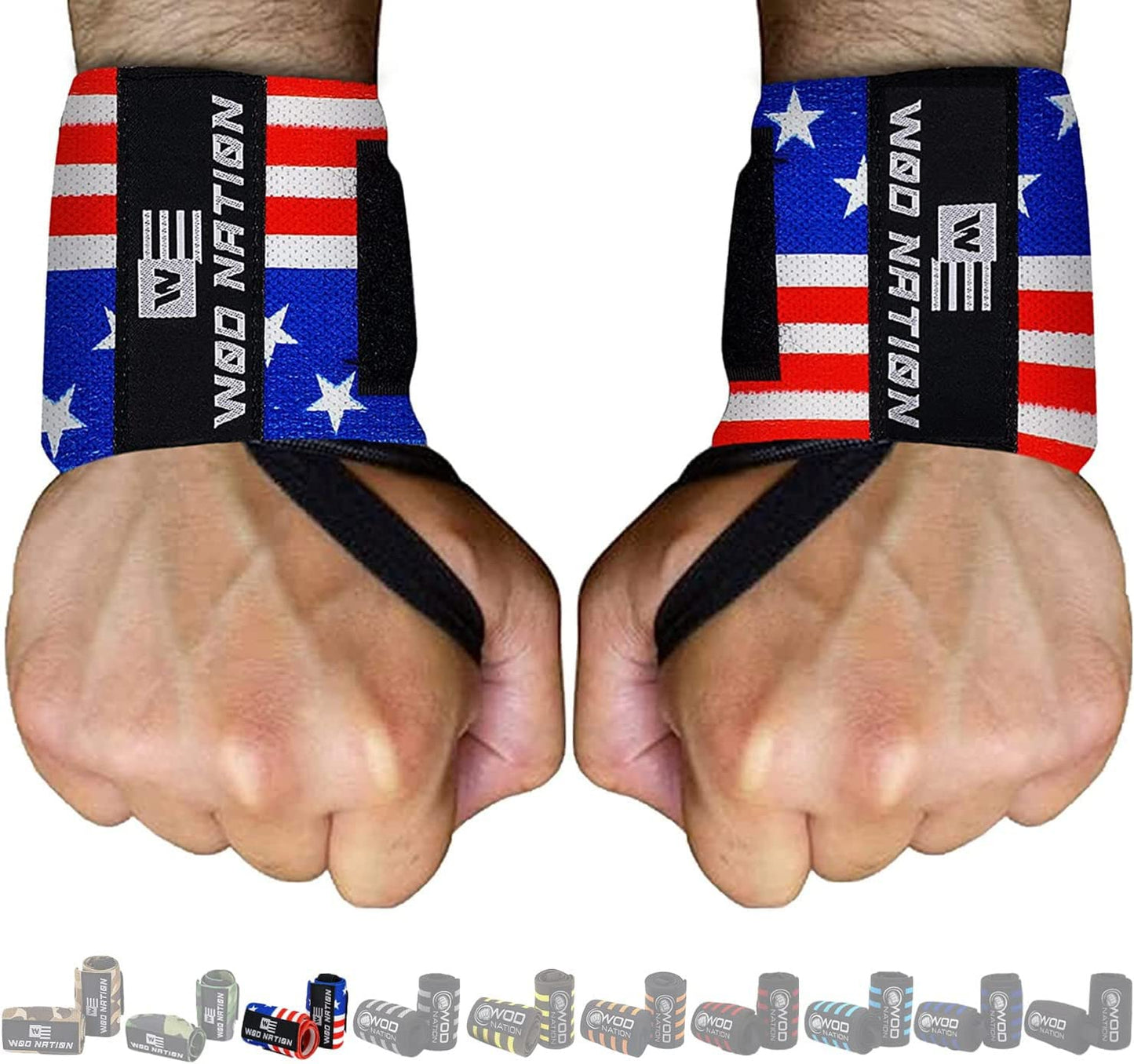 WOD Nation Wrist Wraps for Weightlifting, 12” Professional Gym Wrist Straps w/Thumb Loop, Wrist Wraps for Men & Women, Wrist Support Wraps for Strength Training, Powerlifting & Bodybuilding (Flag)