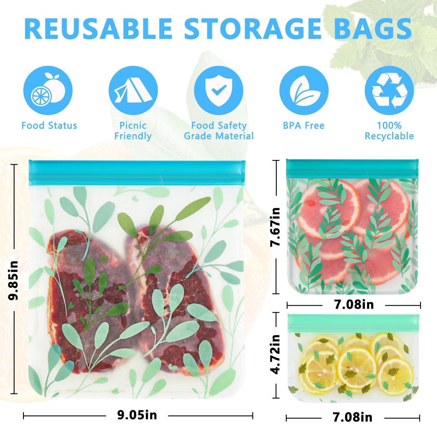 10 Pack Dishwasher Safe Reusable PEVA Food Storage Bags, Leak proof Reusable Freezer Bags for Food Storage Home Organization Traval & Make-up BPA FREE for Food Storage Home BPA FREE for Salad Fruit