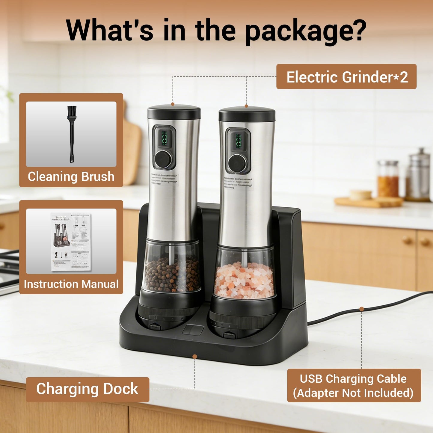 Electric Salt and Pepper Grinder Set with Rechargeable Base,Stainless Steel Automatic Refillable Electric Salt and Pepper Shakers,Large Capacity, 2-Speed Setting, LED & Adjustable Coarseness, Black