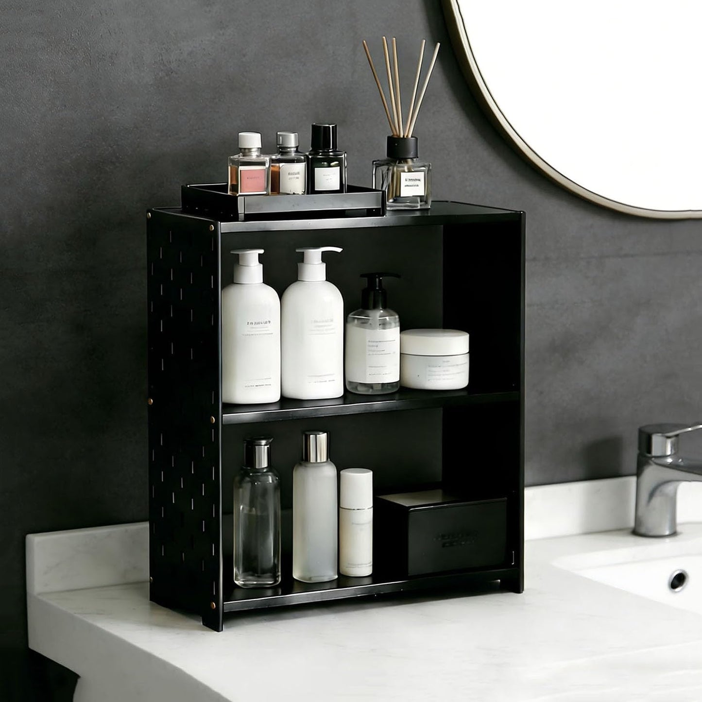 SANRETAHO Bamboo Cologne Organizer for Men, 3-Tier Perfume Organizer, Makeup Display Shelf for Vanity, Bathroom Counter Organizers and Storage Shelf, Black