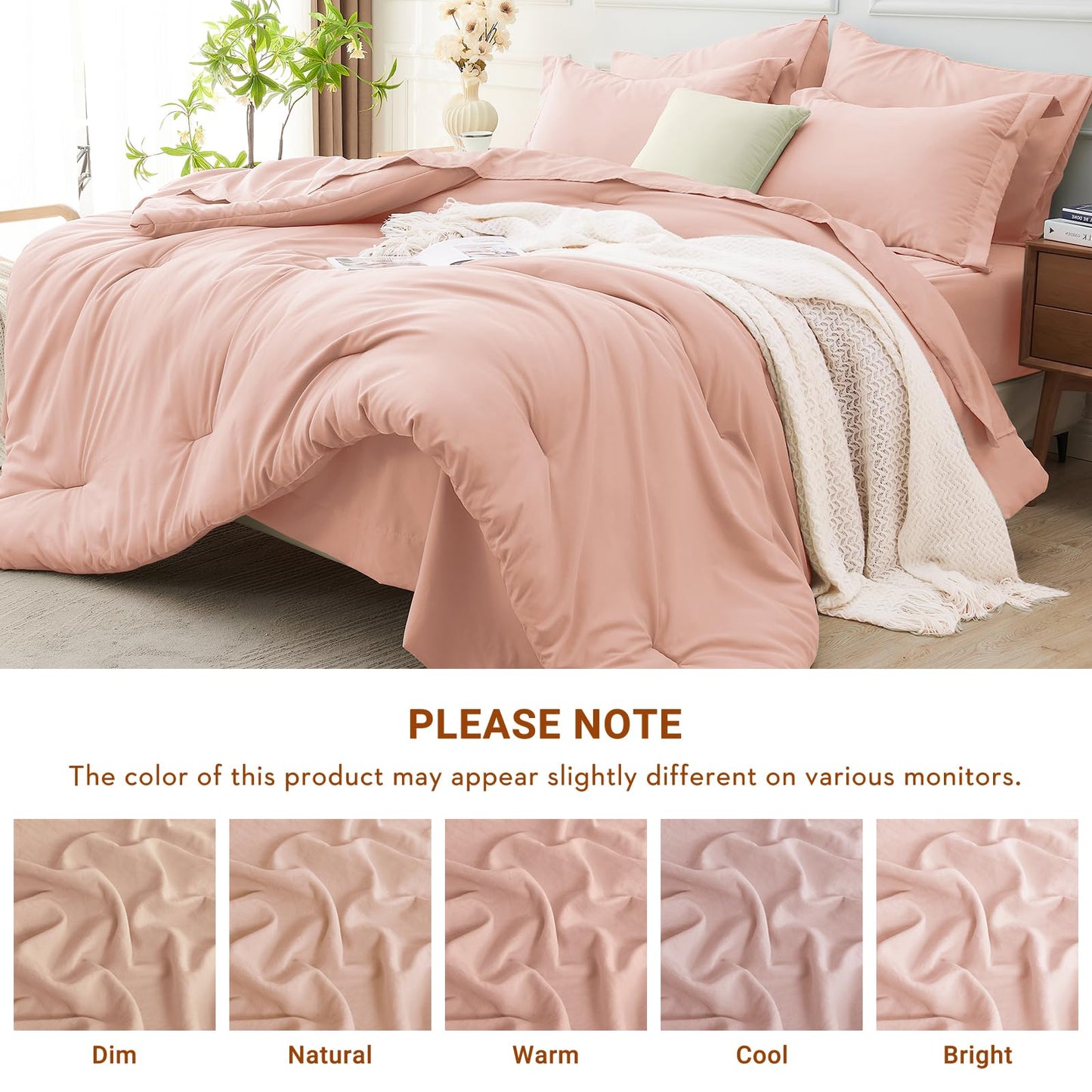 MUXHOMO 7 Pieces Full Comforter Set, Soft Bed in a Bag Full Size, All Season Bedding Set with Comforter, Flat Sheet, Fitted Sheet, Pillowcases & Shams, Rose Gold