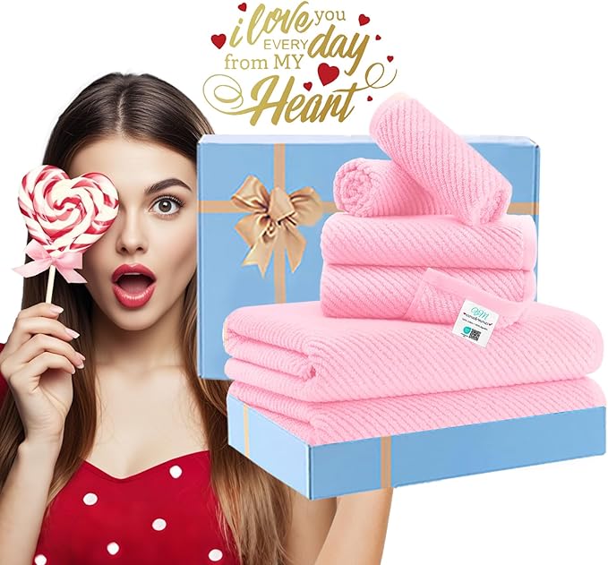 Pink Towels - 100% Cotton, Quick Dry, Lightweight, Towel Set of 6, 2 Large Bath