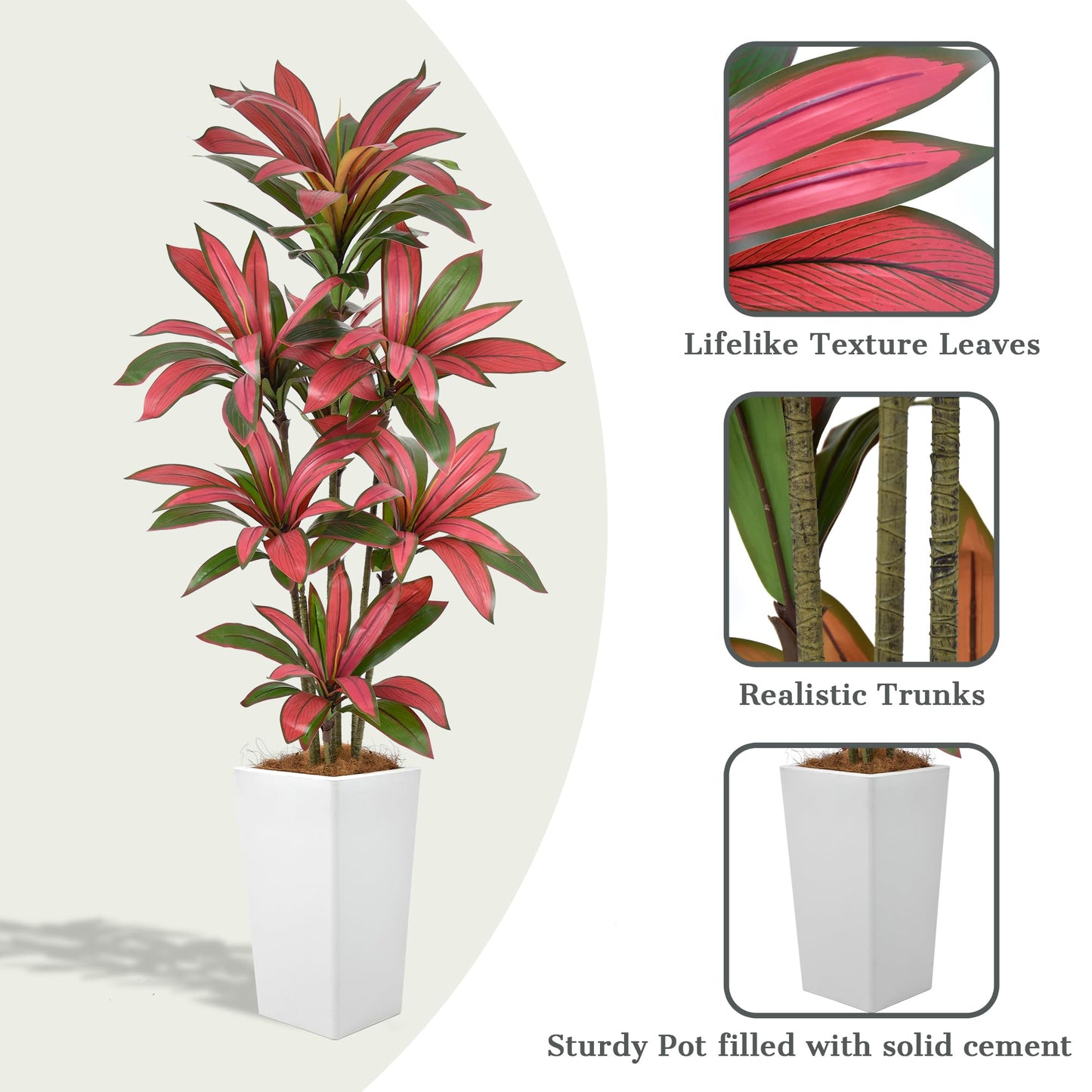 6FT Artificial Dracaena Tree - 72in Faux Dracaena Tree with White Planter, Realistic Trunk & Lifelike Red Foliages, Tall Fake Tropical Floor Plant Potted for Home Office Living Room Indoor Decor