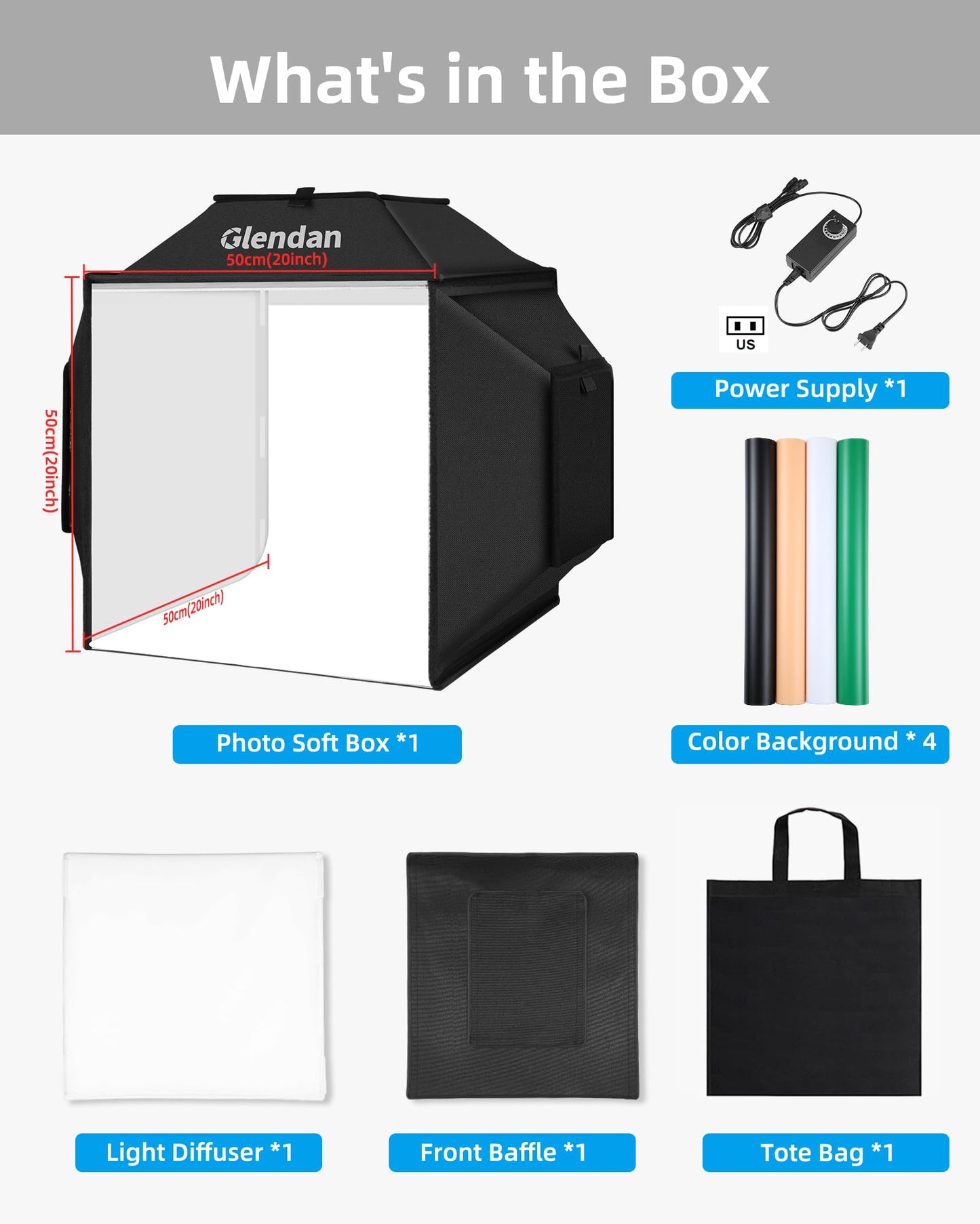 Glendan Upgrade Professional Portable Photo Studio Light Box with 1222 LED Lights, 20"x20" Soft Box, 4 Color PVC Backdrops for Jewelry and Product Photography