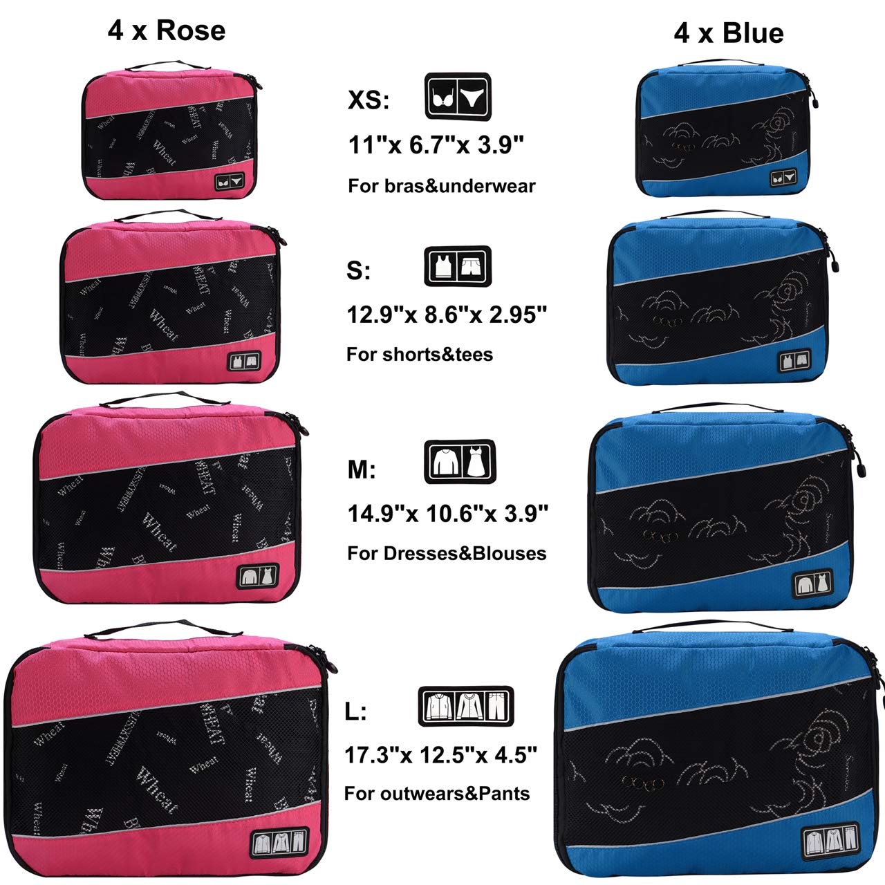 Packing Cubes Luggage Bags Organizer Durable Travel Accessories With Clothing Label, 8 Set - Rose/Blue, OneSize